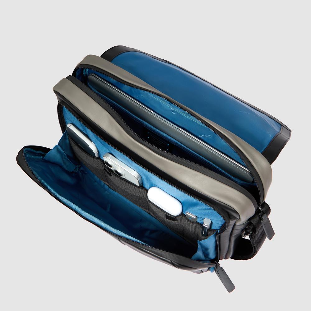 Leather computer messenger bag with pocket for airpods®, shock protection, and RFID. PIQUADRO Black
