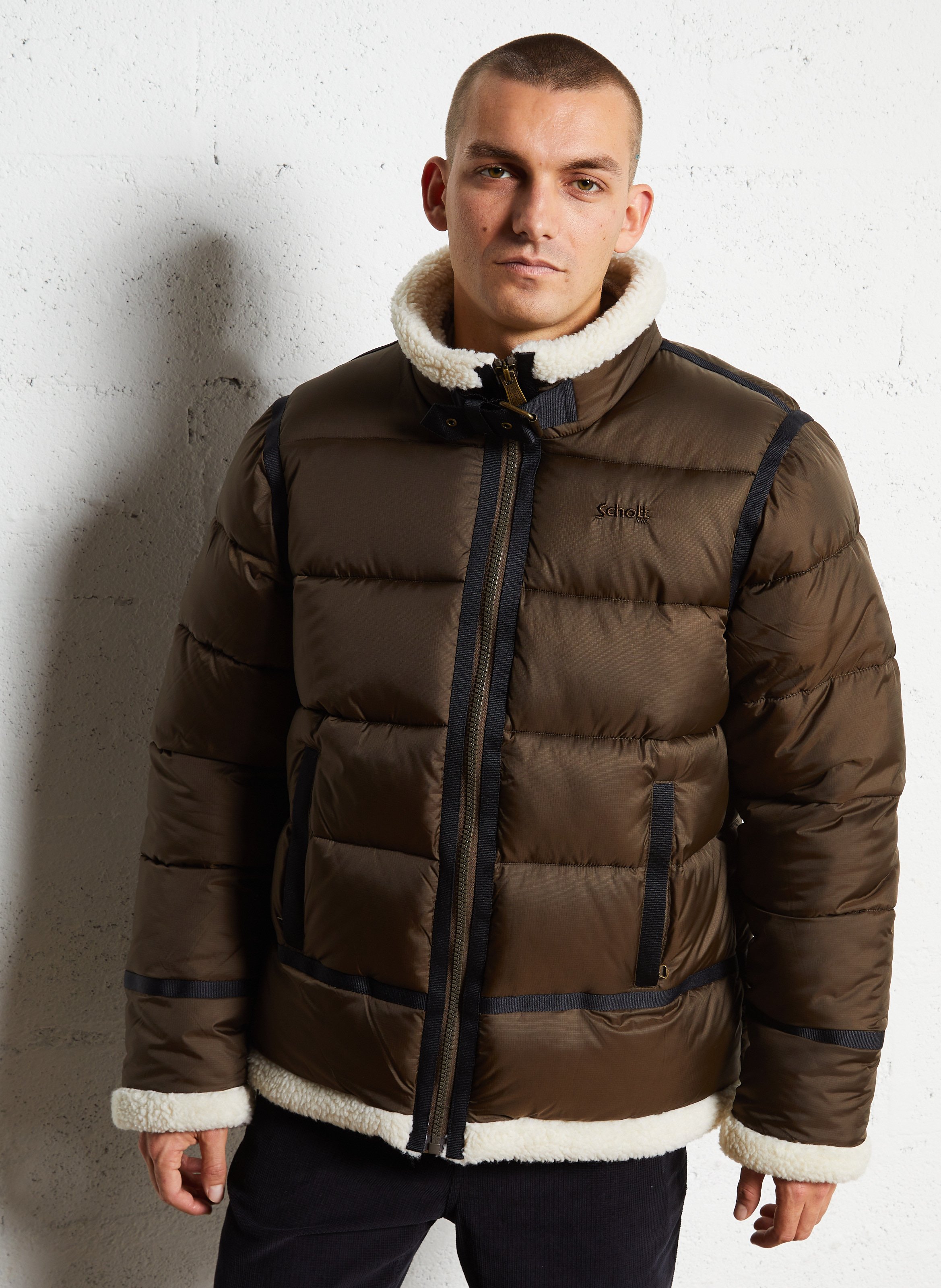 Doudoune droite col montant SCHOTT Marron