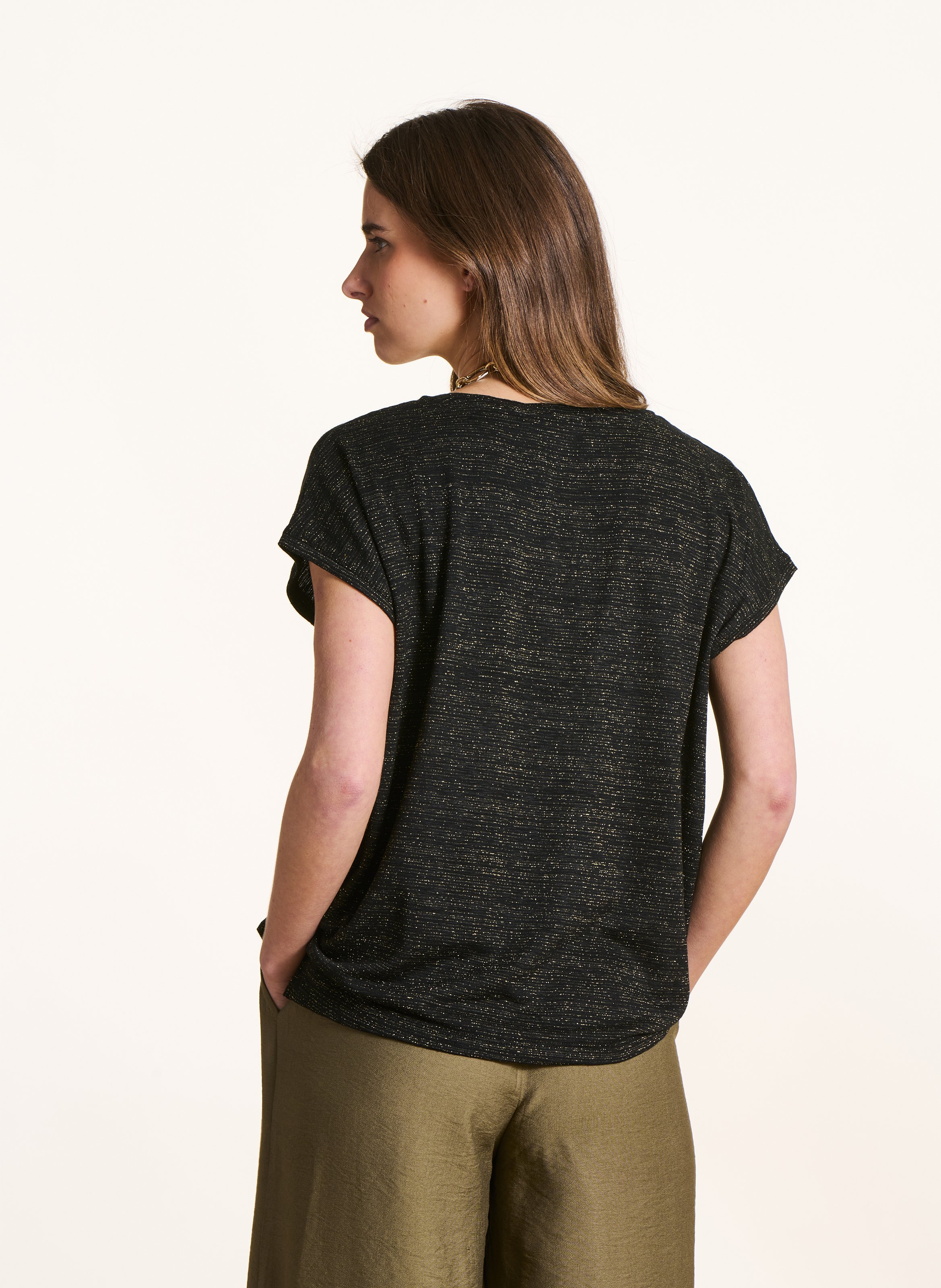 Tee-shirt col V manches courtes pailleté LA FEE MARABOUTEE Noir