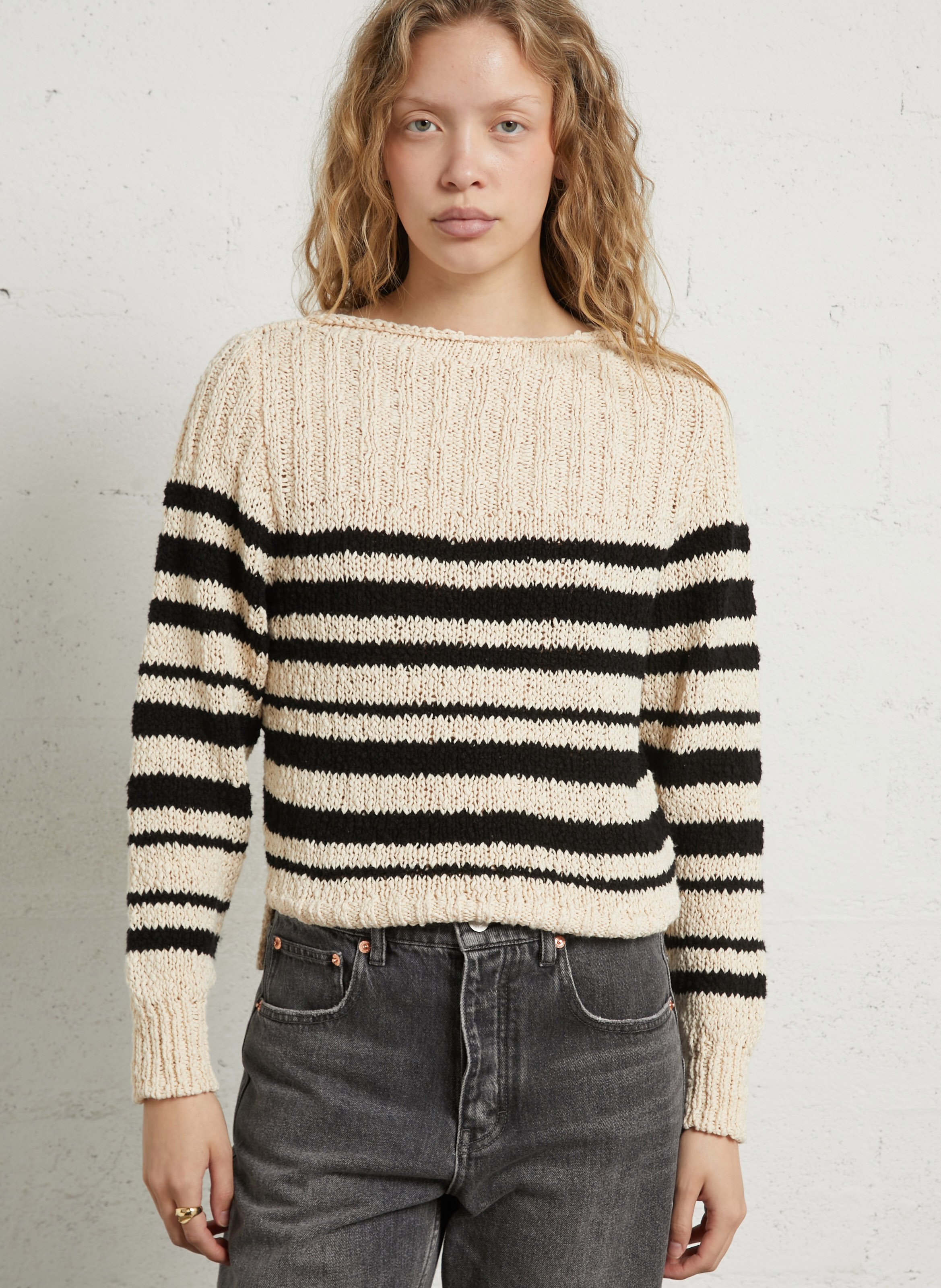 Oversized boat neck striped cotton sweater LEON & HARPER White