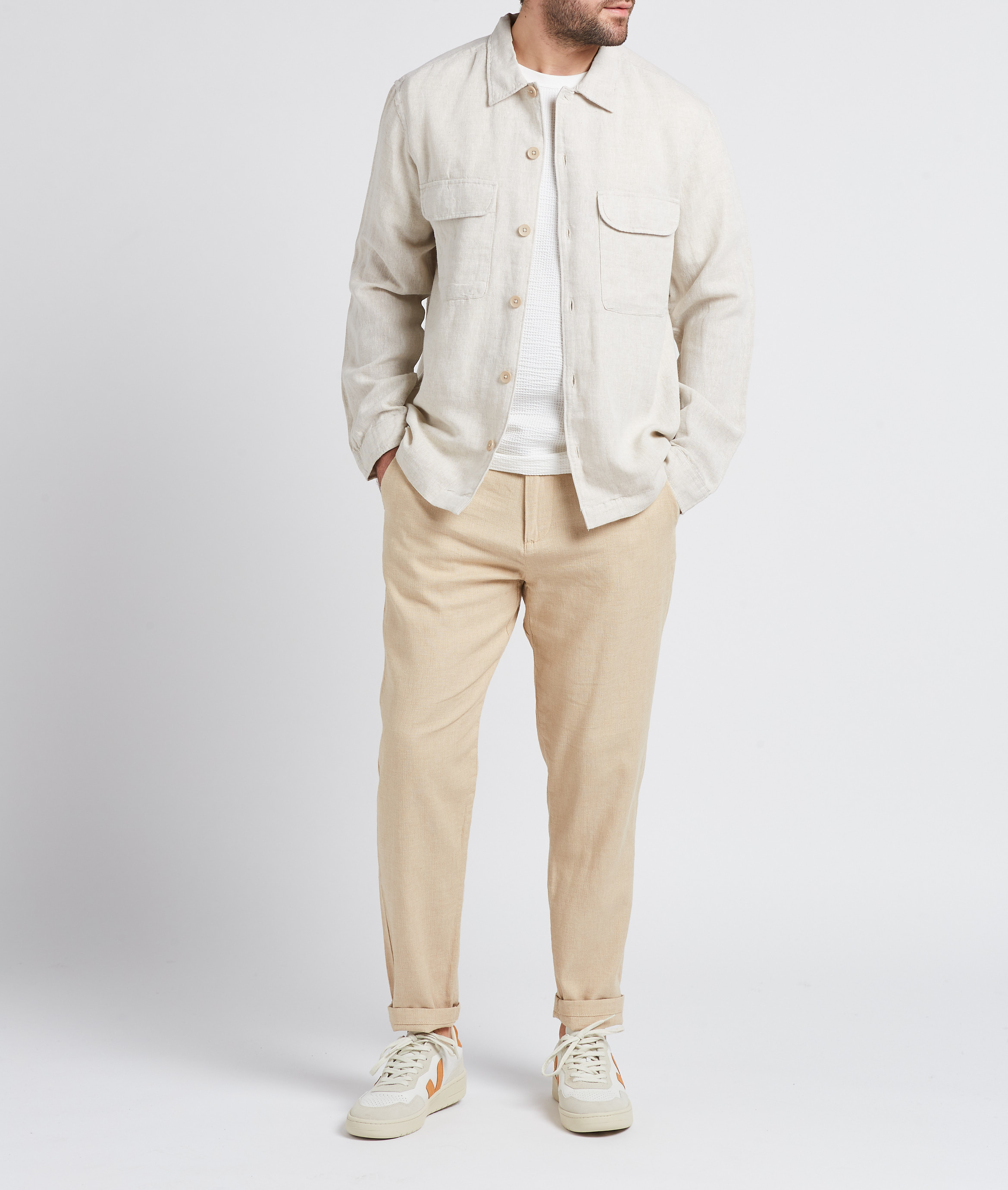 Pantalon droit en coton bio et lin stretch SELECTED Beige