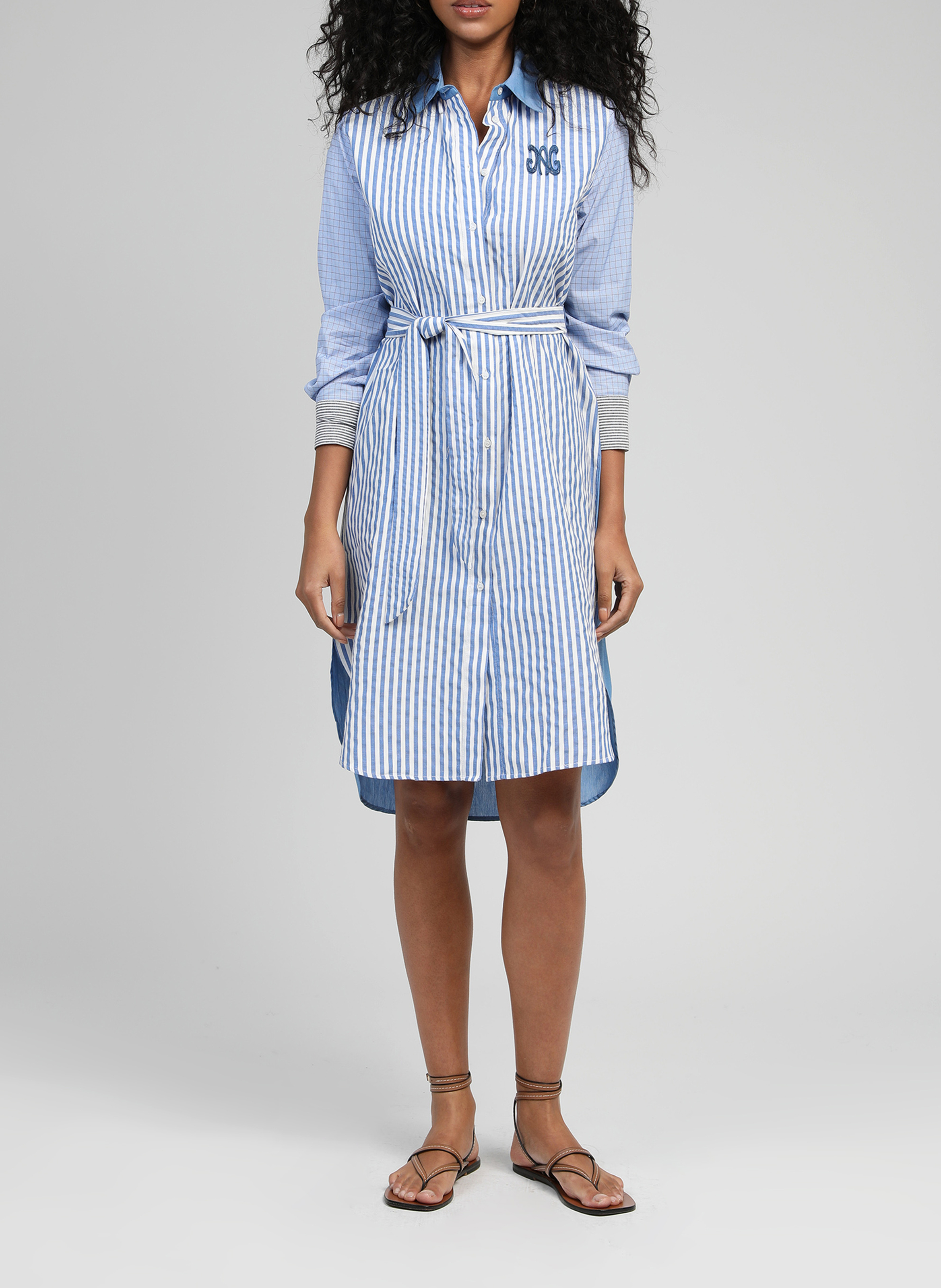 Gestreepte midi-shirtjurk met riem AN'GE Blauw