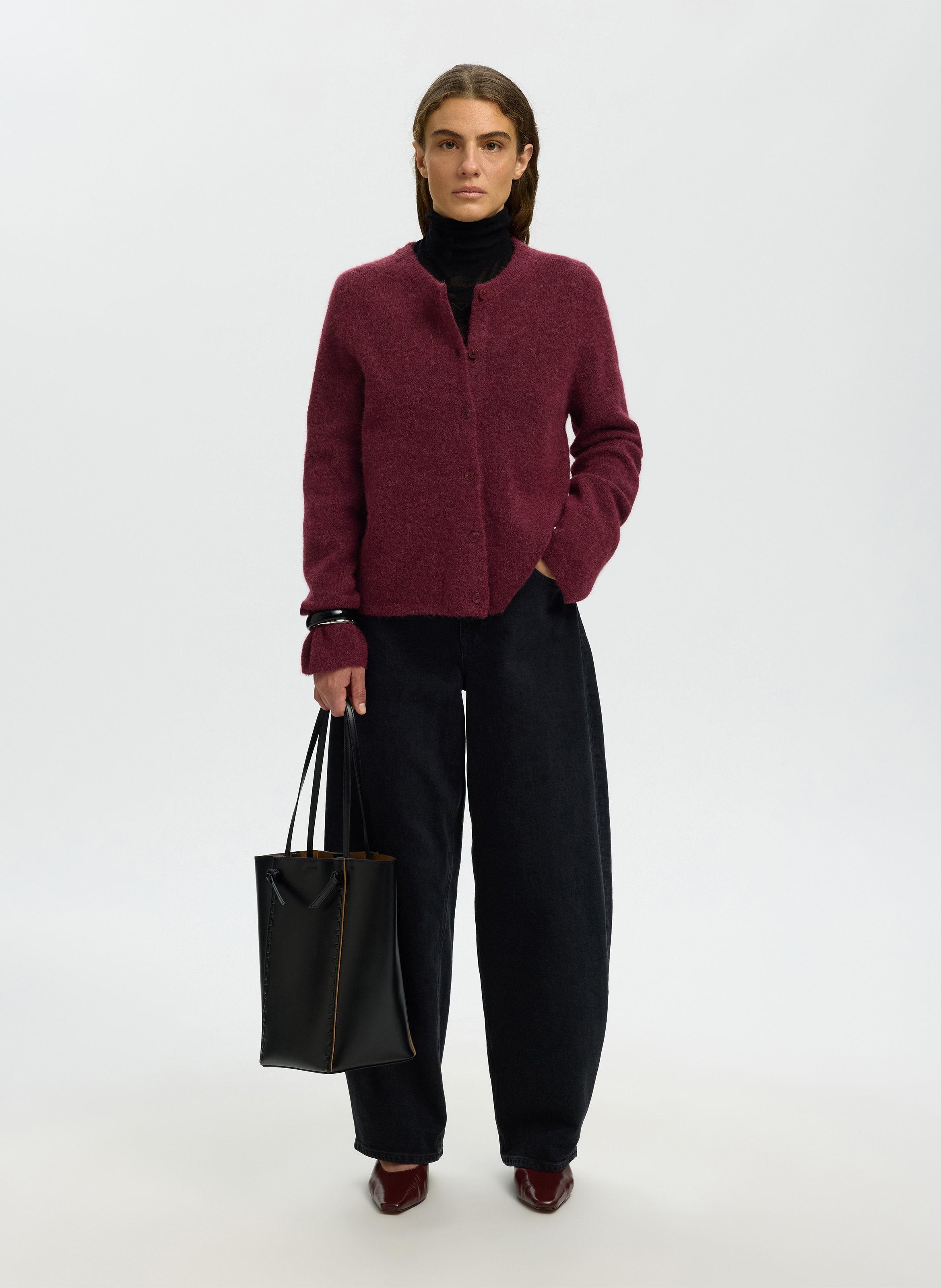 Round-neck mixed-knit cardigan | Plums SELECTED Women