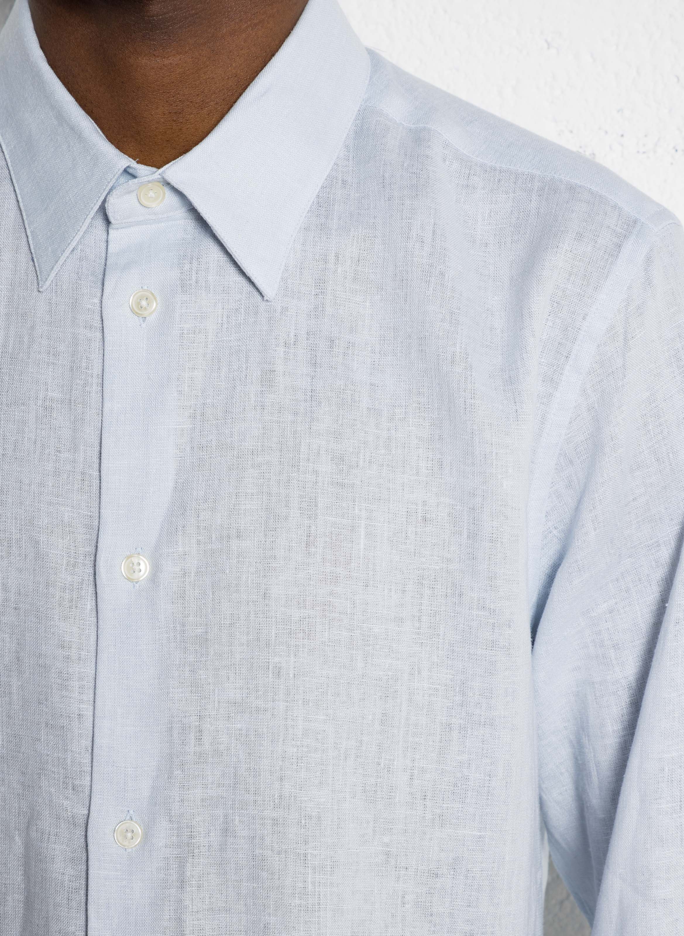 Gerade geschnittene Leinenbluse mit V-Dekolleté und Taschen AU PRINTEMPS PARIS Blau