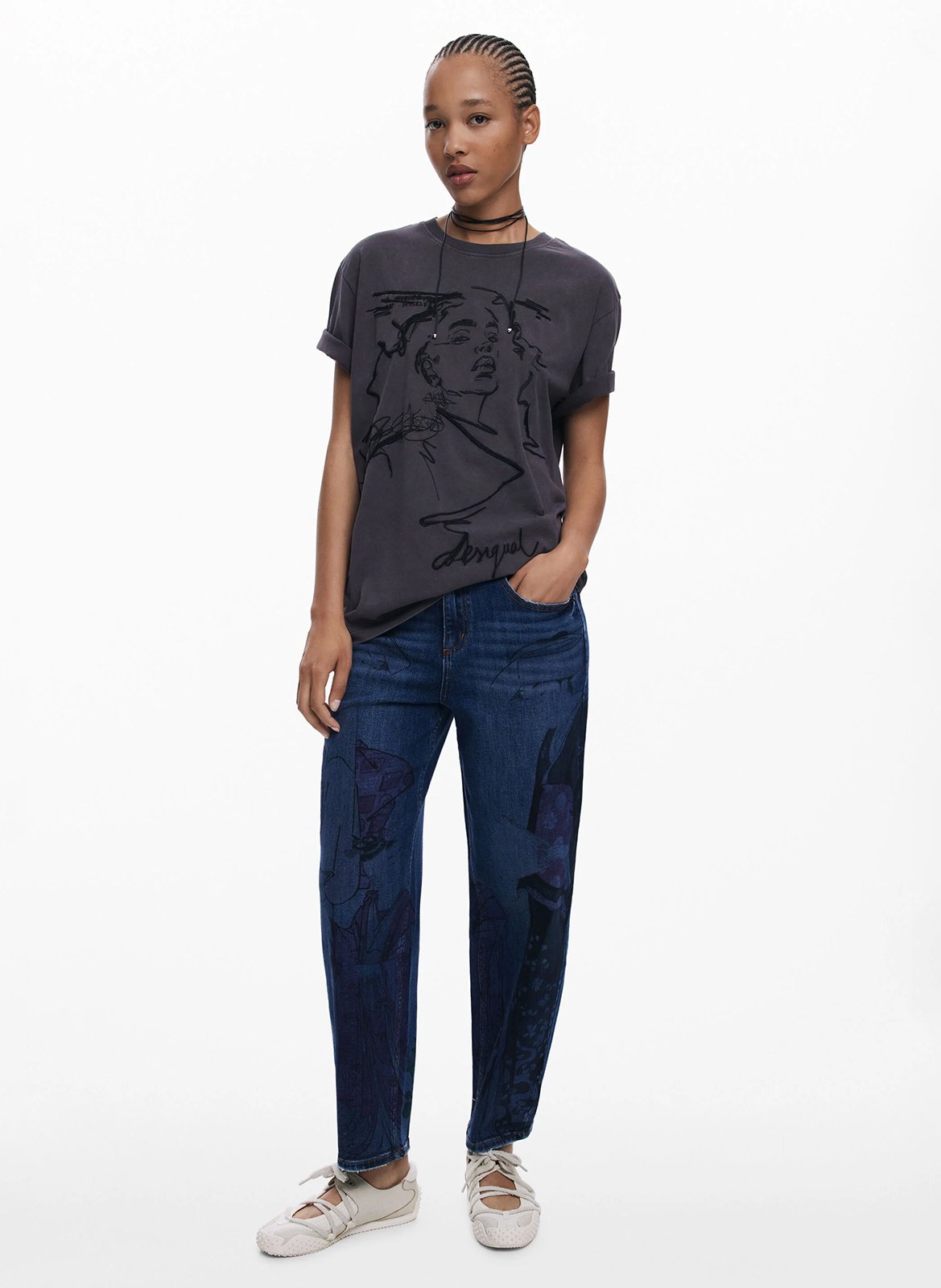 Tee-shirt imprimé col rond en coton DESIGUAL Marron