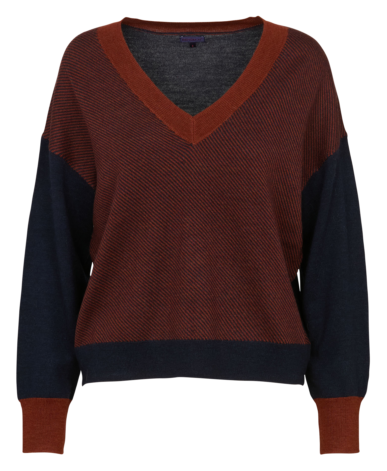 Pull droit col V en laine rayé BENSIMON Bleu