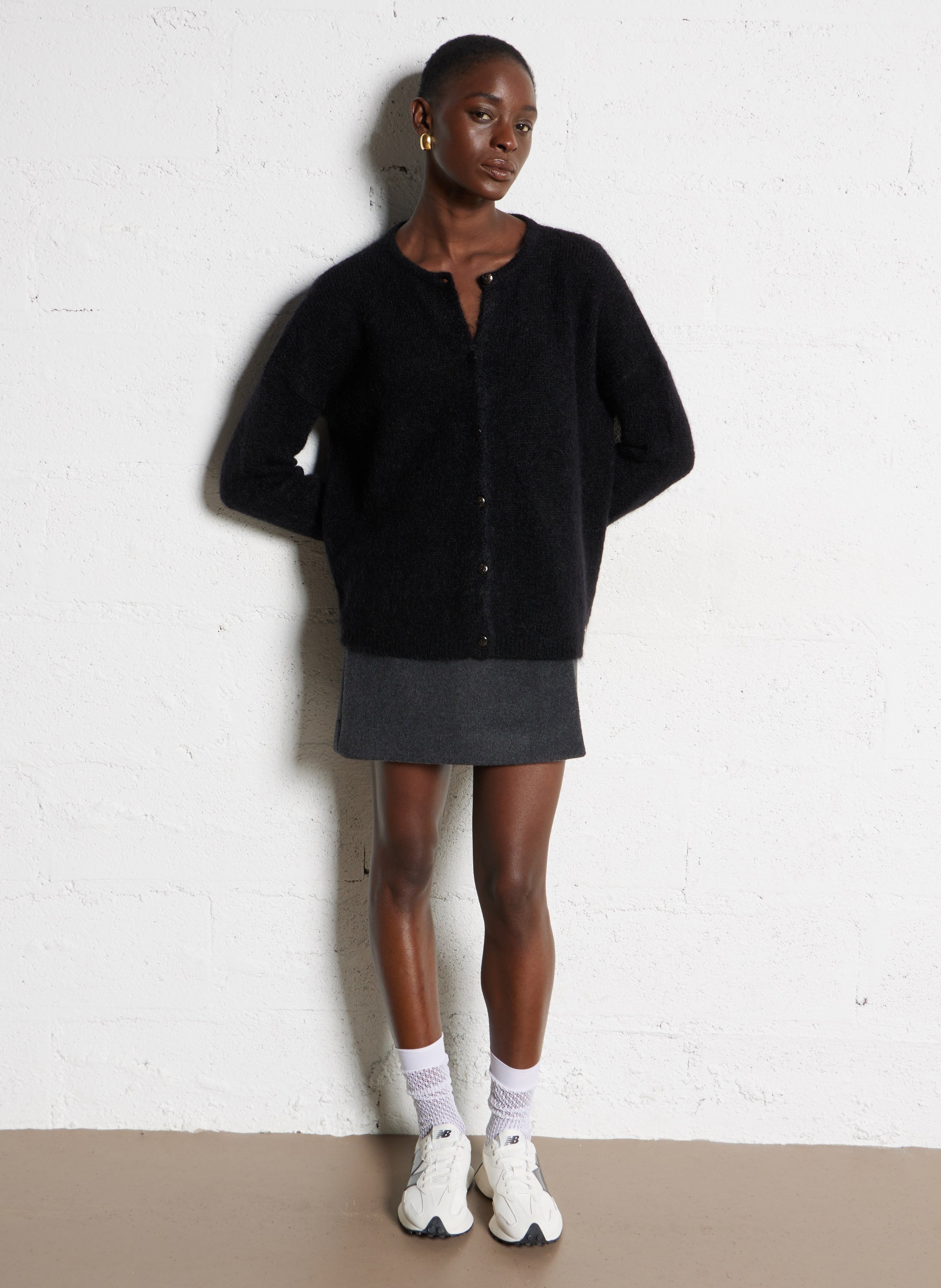 Round-neck mixed-knit cardigan DES PETITS HAUTS Black