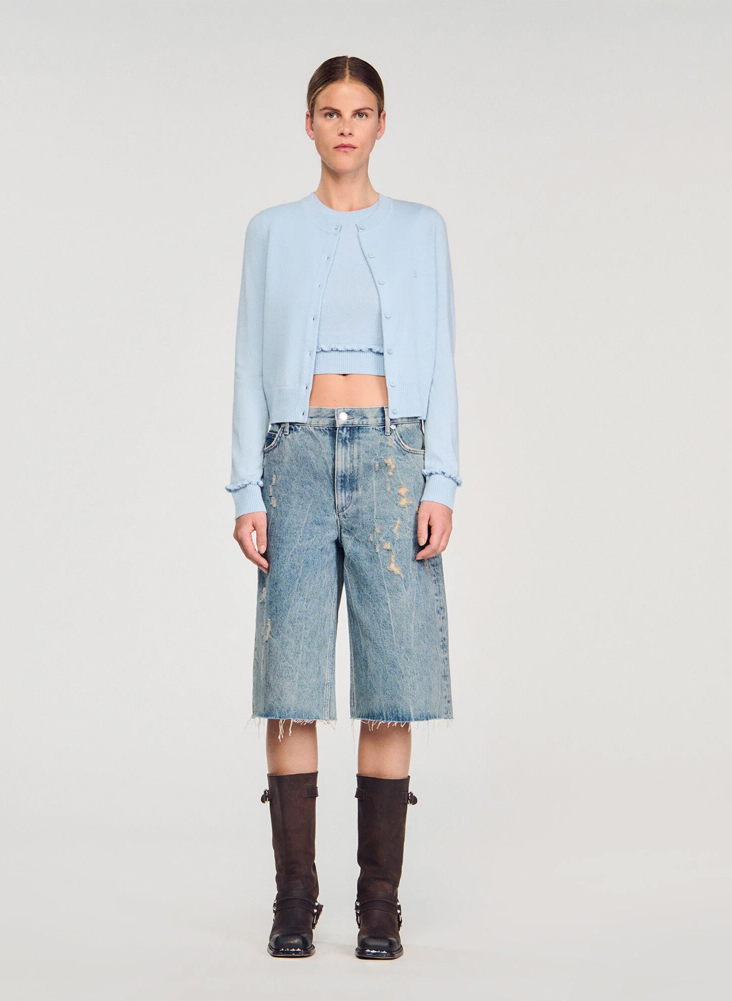 Gilet col rond en laine et en cachemire mélangés SANDRO Bleu