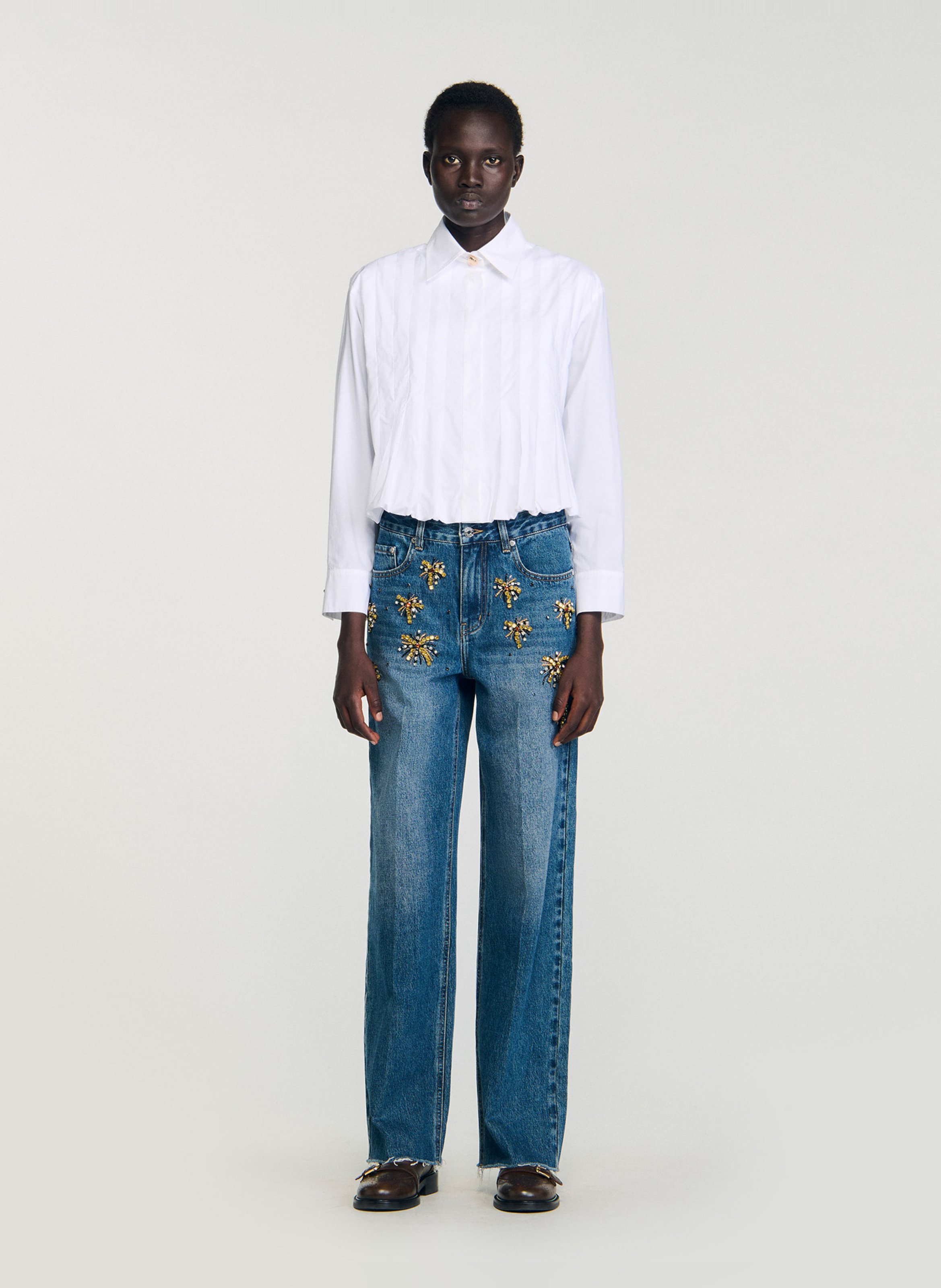 Chemise col classique manches contrastantes en coton SANDRO White