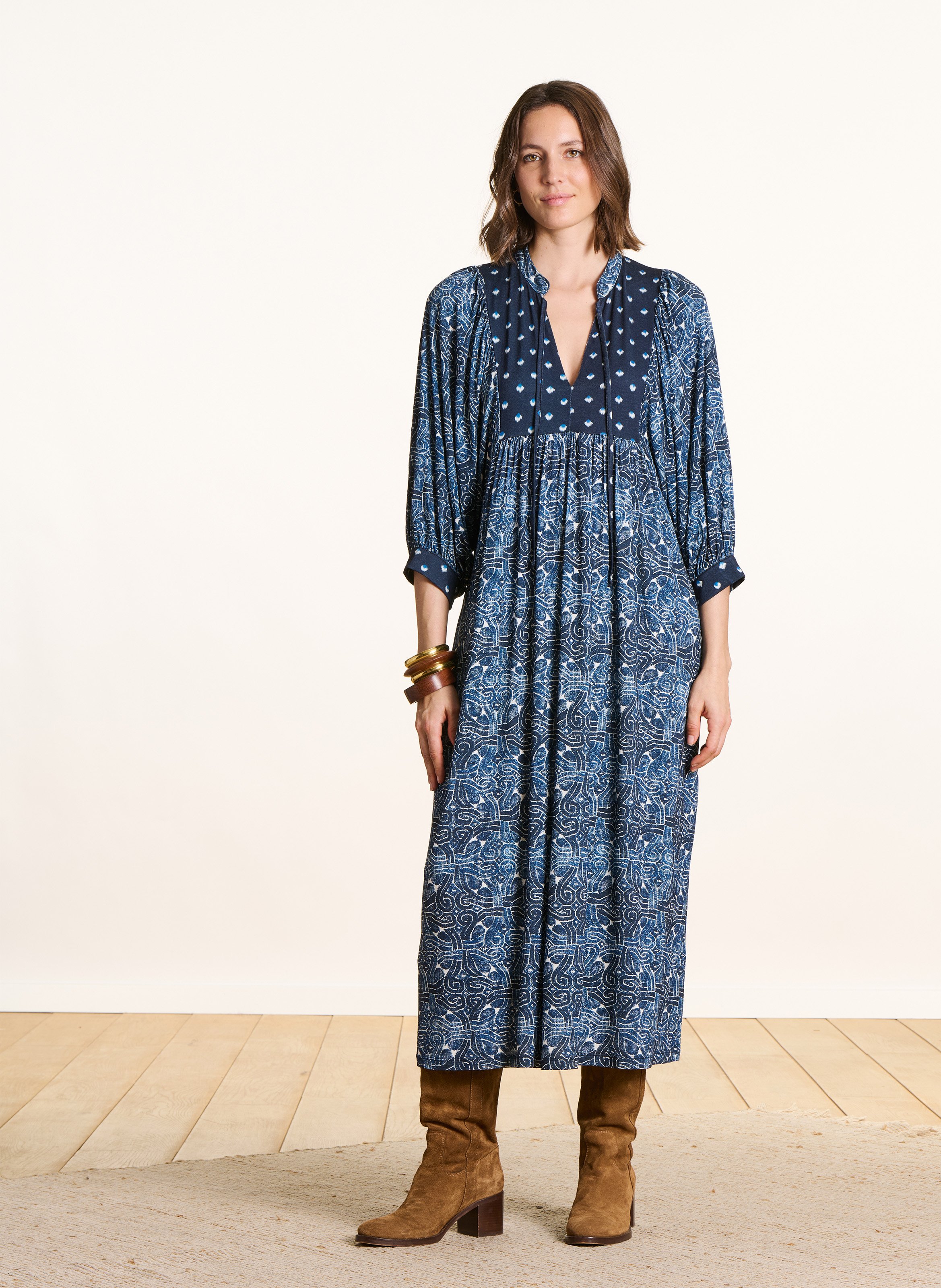 Robe longue col rond imprimée LA FEE MARABOUTEE Bleu