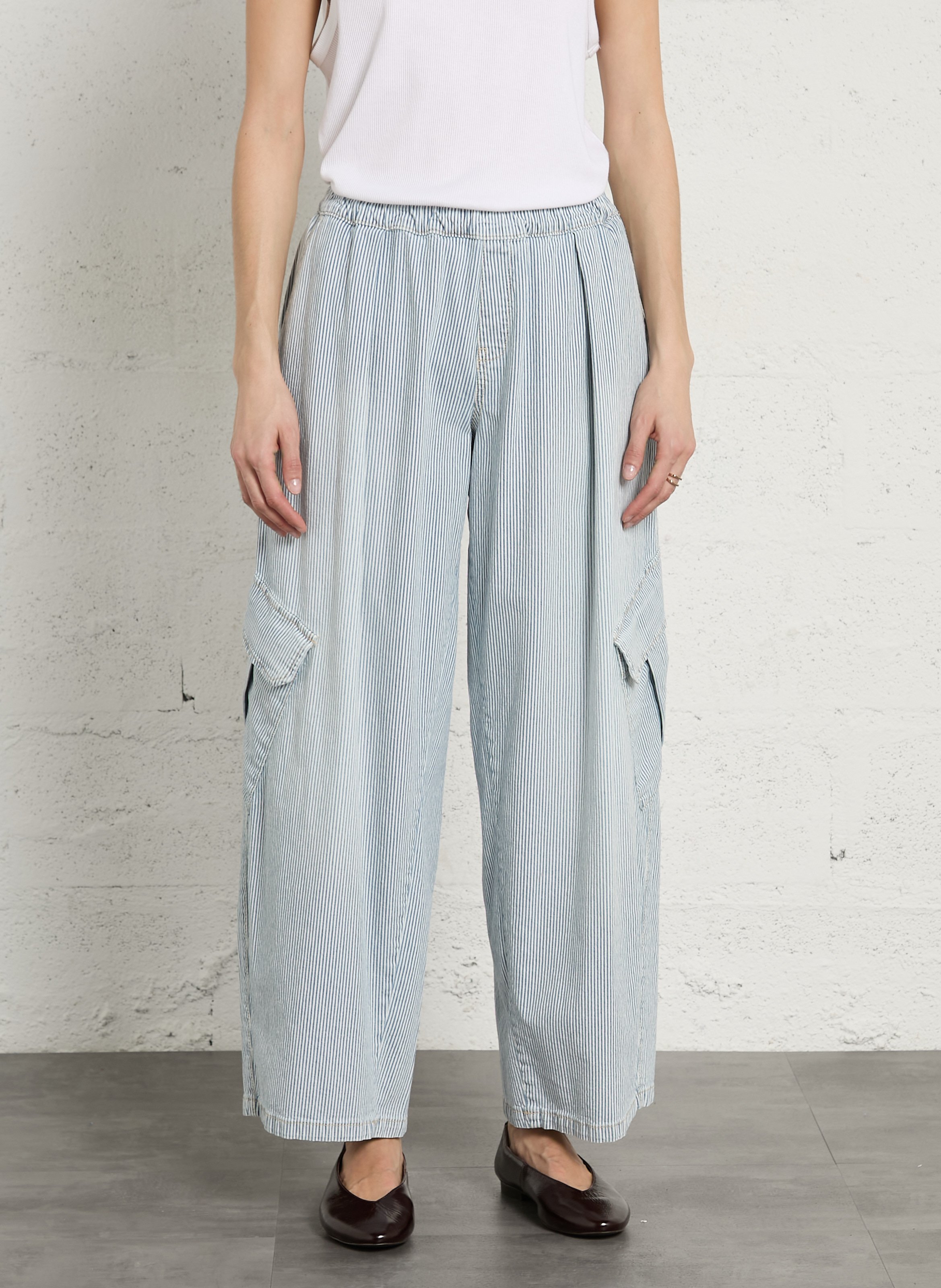 Wide cargo pants in striped mixed cotton PLEASE Blue