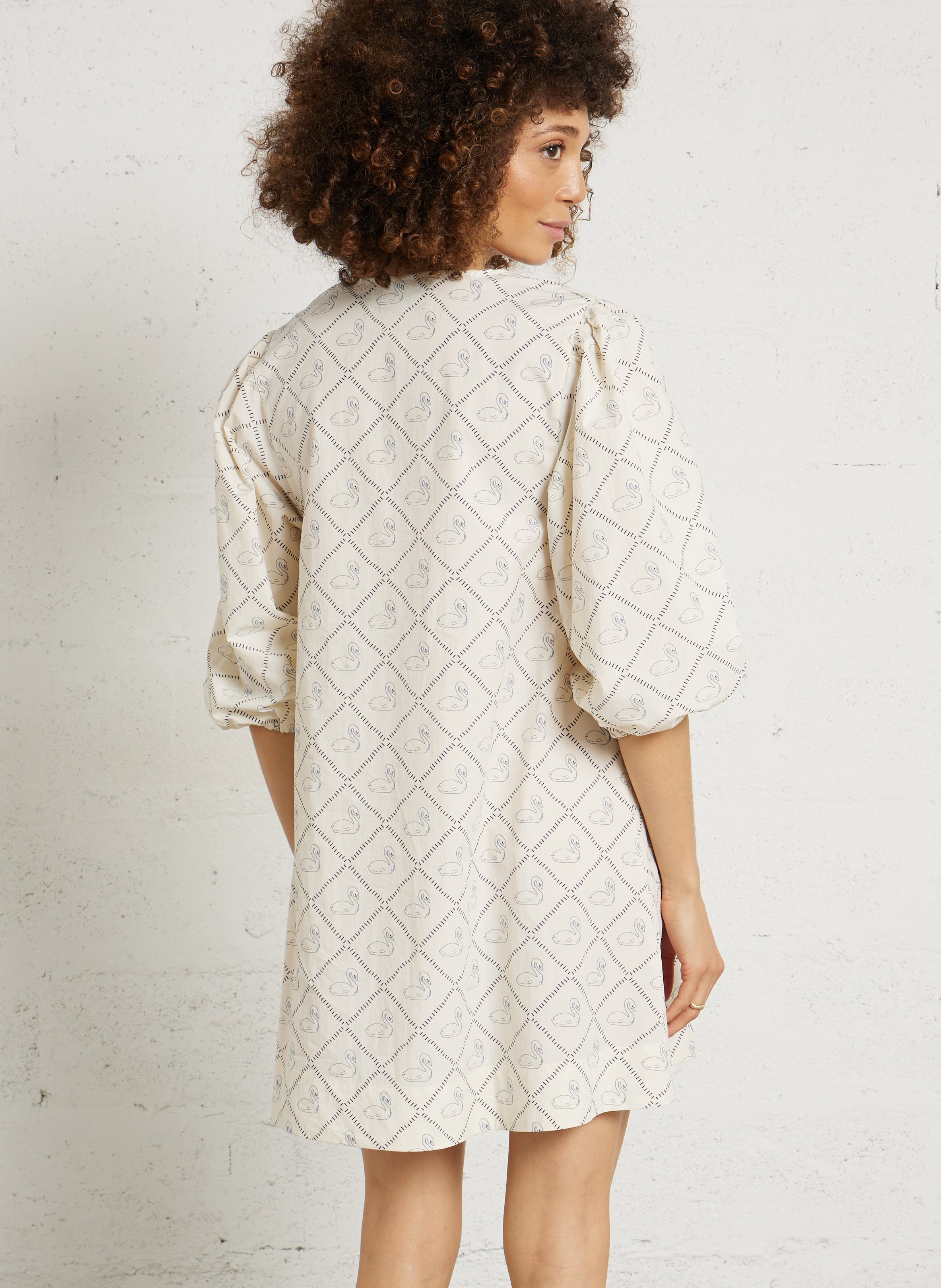 Short printed cotton V-neck dress THE TINY BIG SISTER Beige