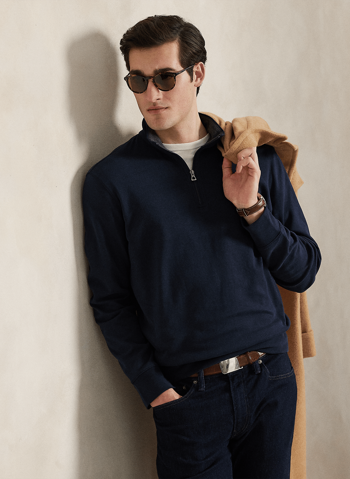 Pull col zippé en coton mélangé POLO RALPH LAUREN Bleu