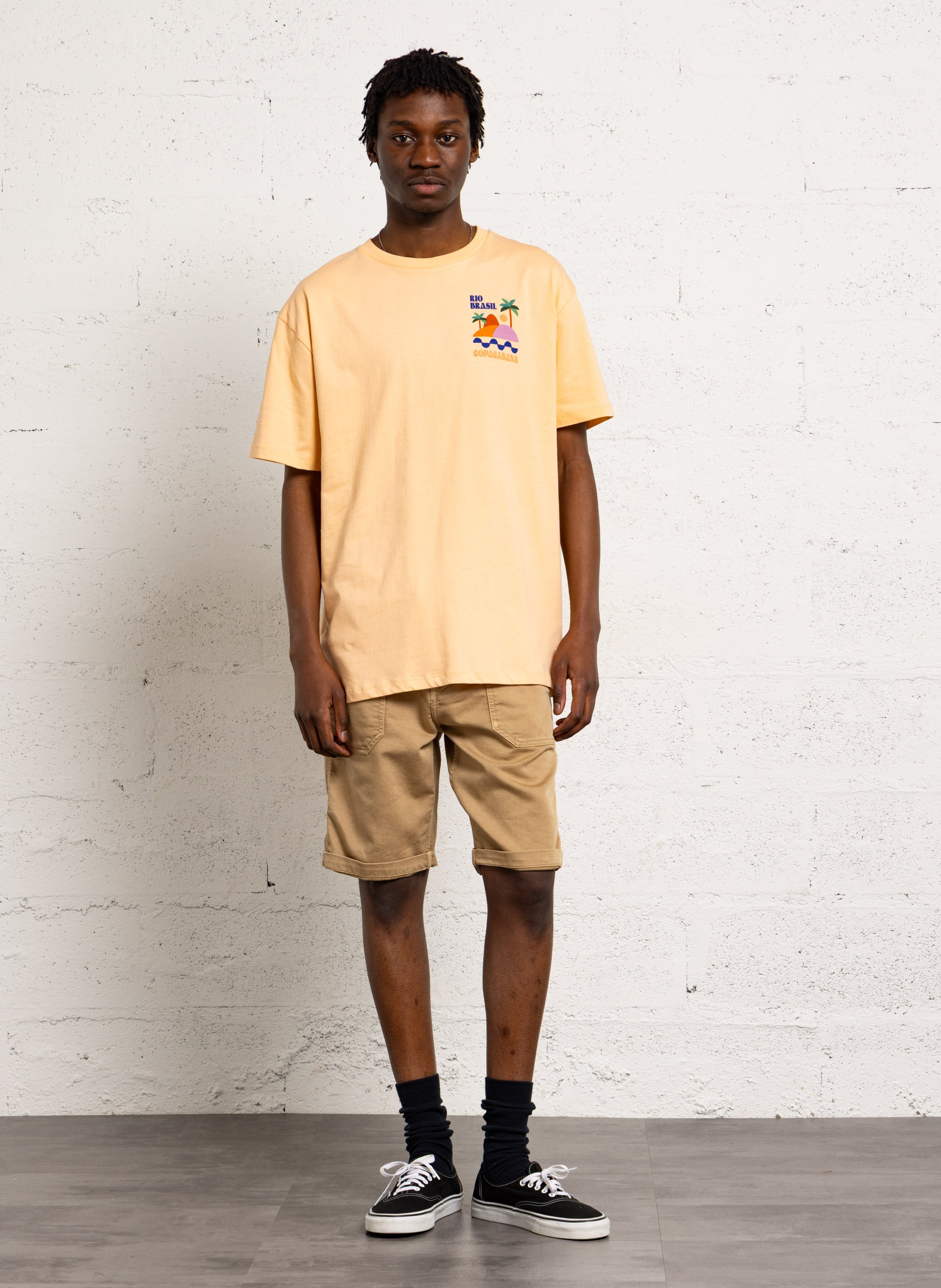 Tee-shirt droit col rond en coton sérigraphié LE TEMPS DES CERISES Jaune