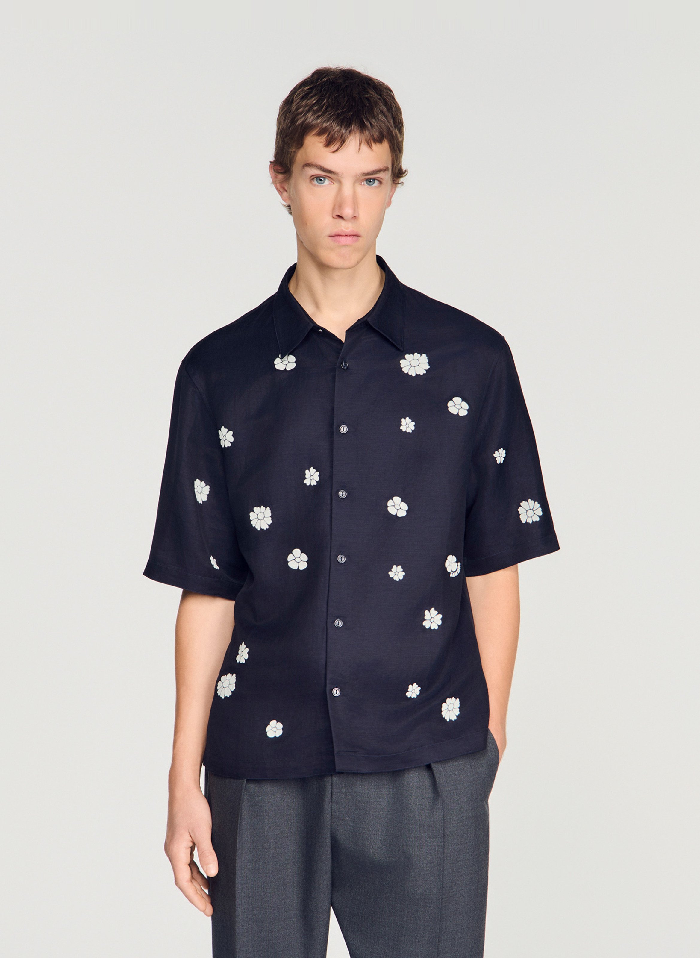 Chemise droite boutonnée à motif fleuri SANDRO Bleu