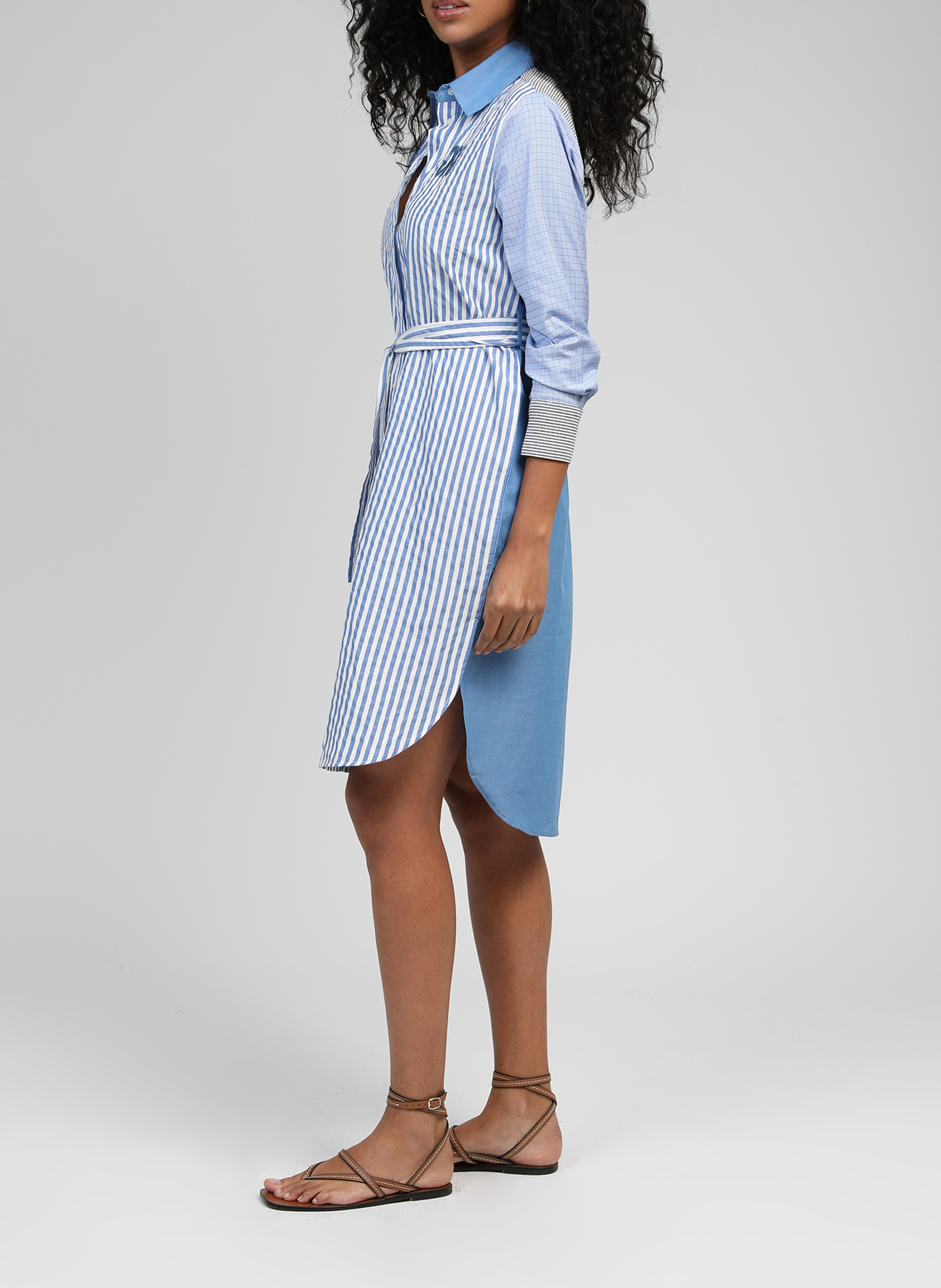 Gestreepte midi-shirtjurk met riem AN'GE Blauw