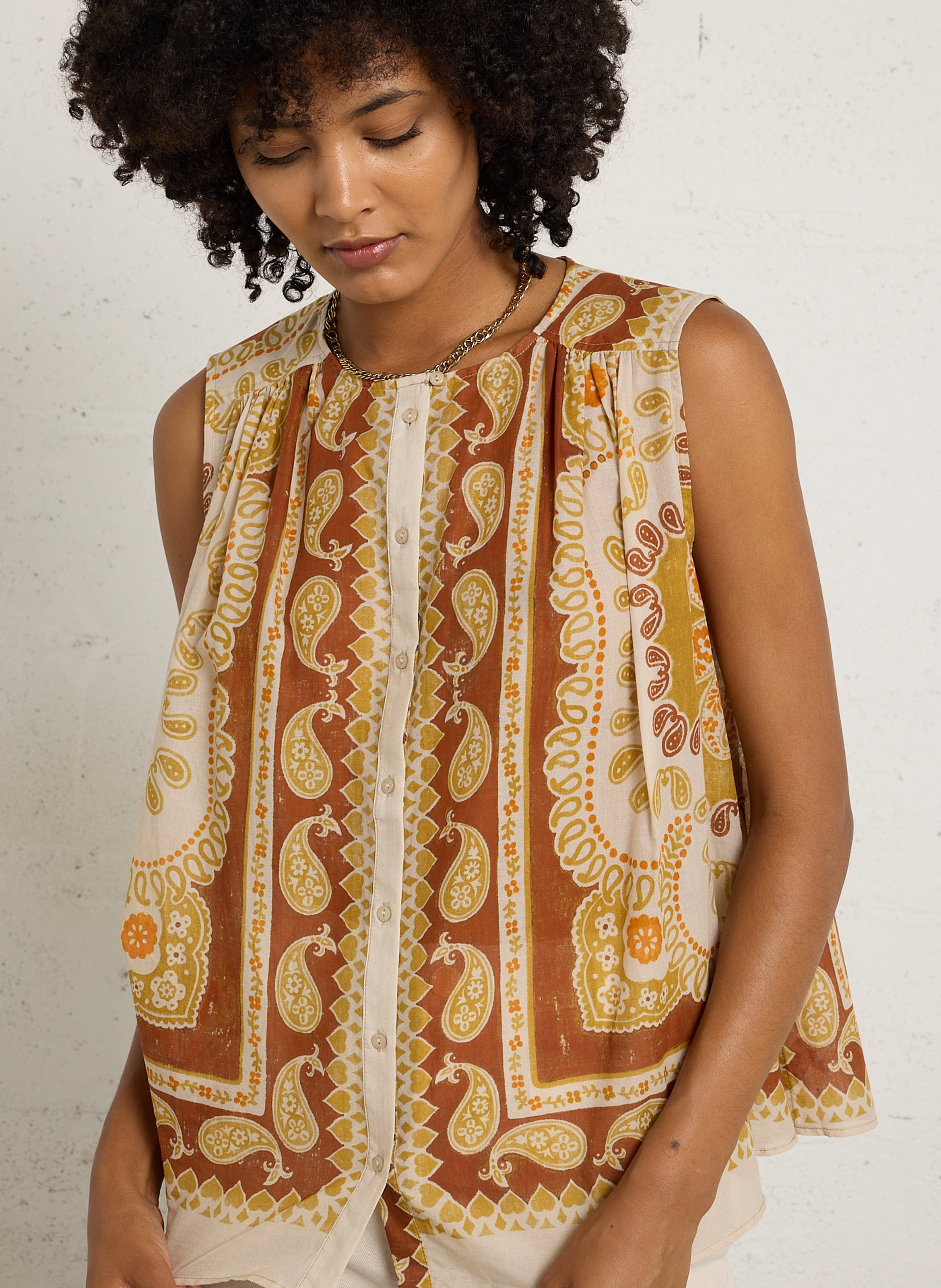 Straight-cut printed cotton shirt with round neck SUD EXPRESS Orange