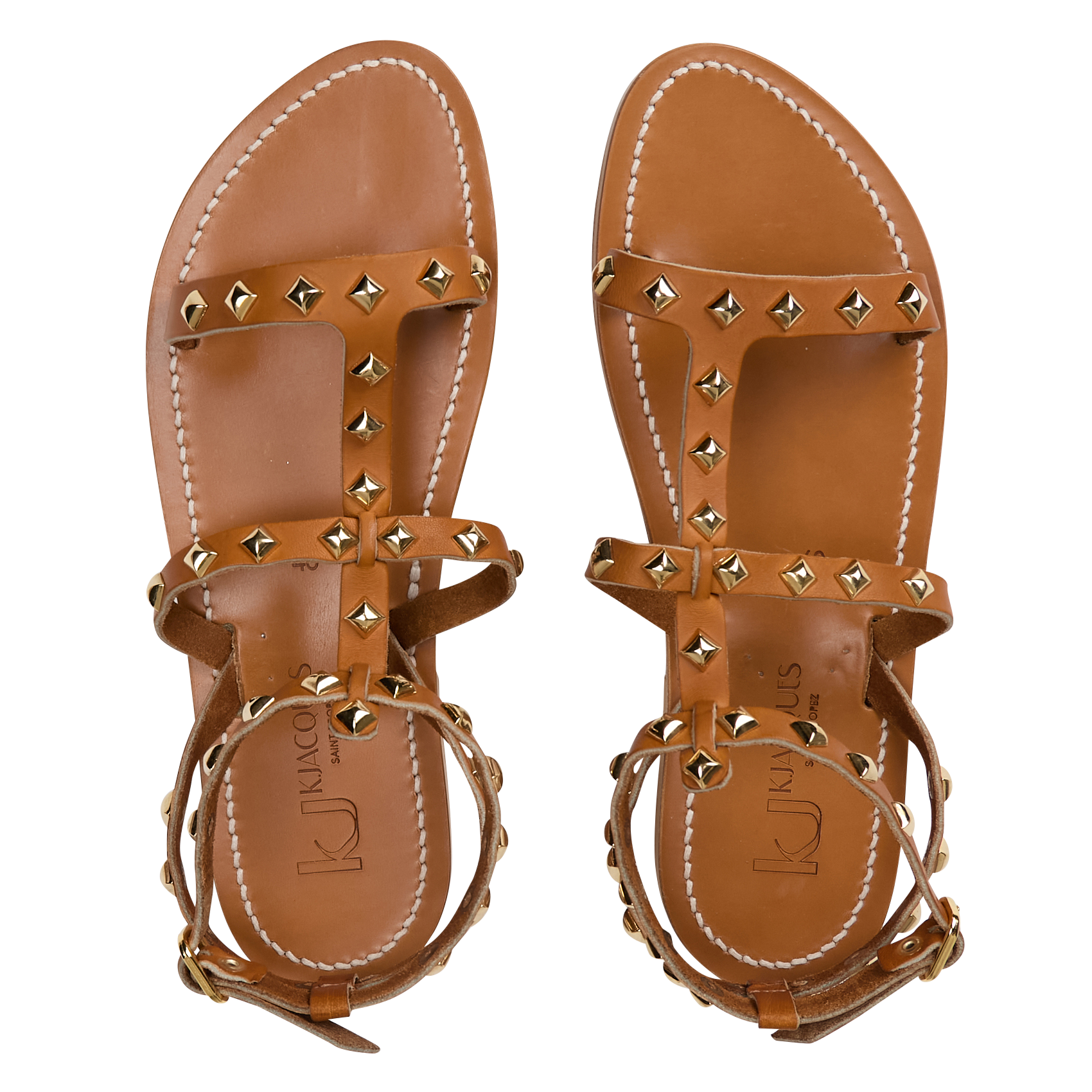 Flat studded leather sandals K JACQUES Brown