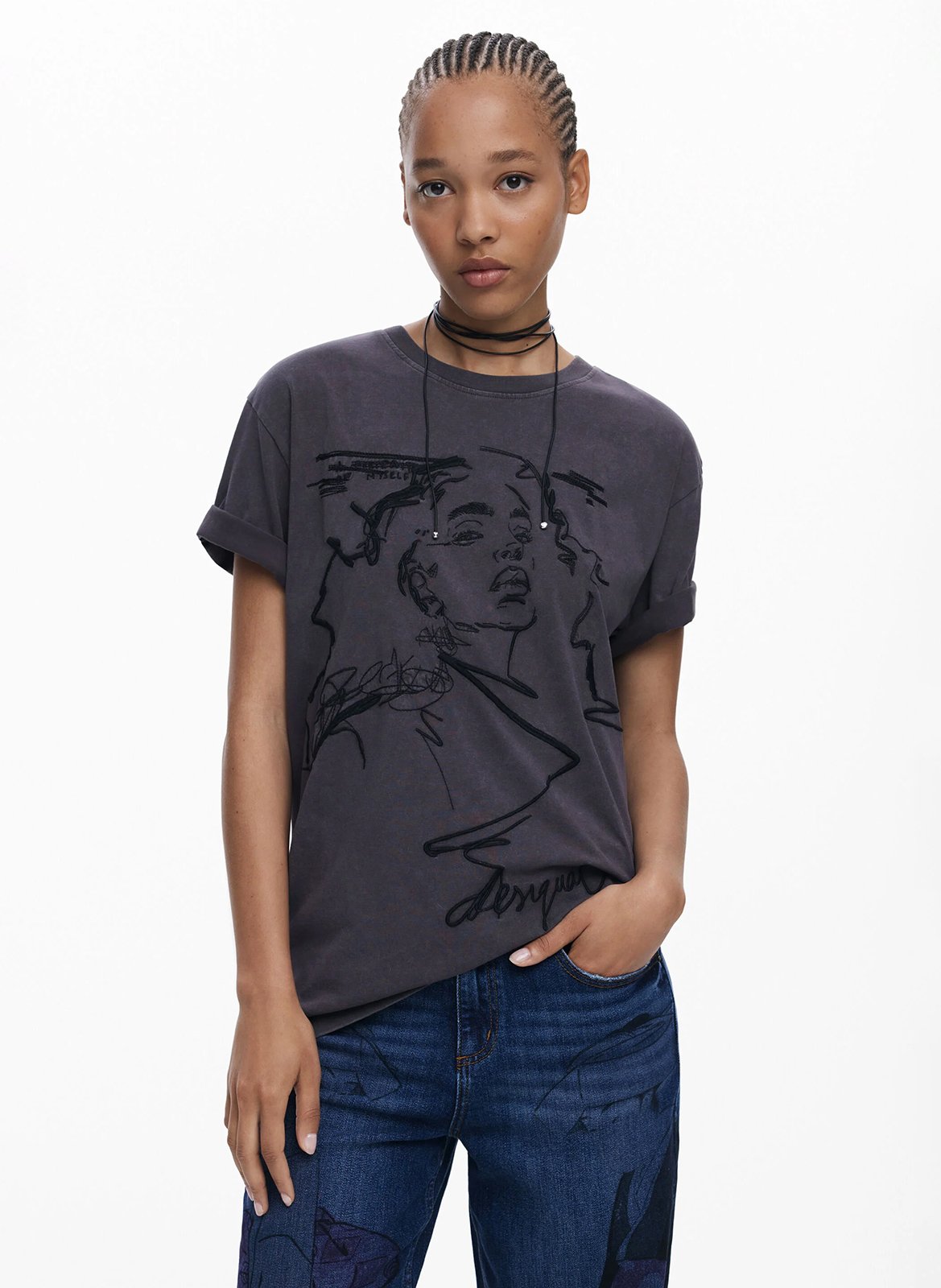 Tee-shirt imprimé col rond en coton DESIGUAL Marron