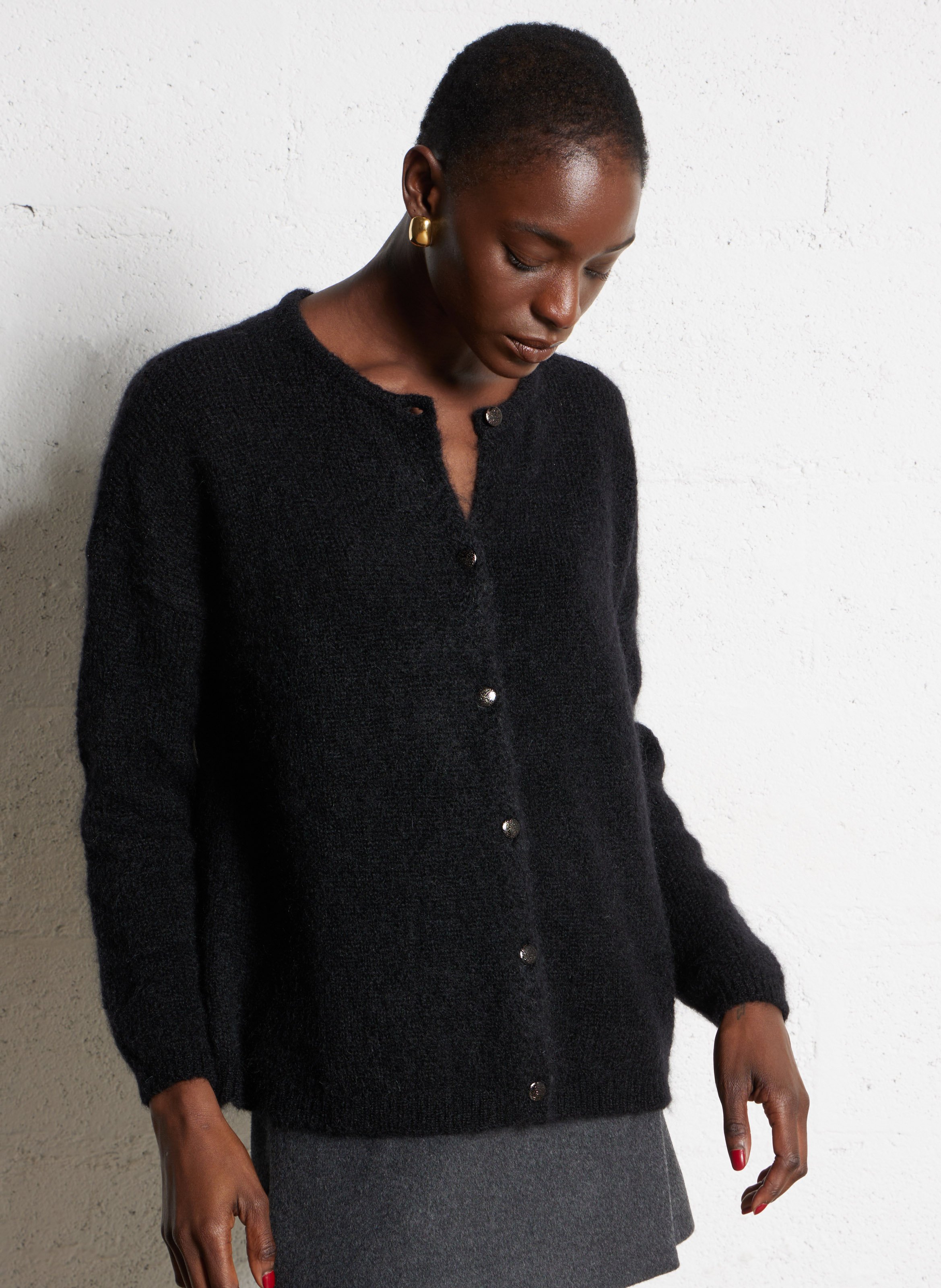 Round-neck mixed-knit cardigan DES PETITS HAUTS Black