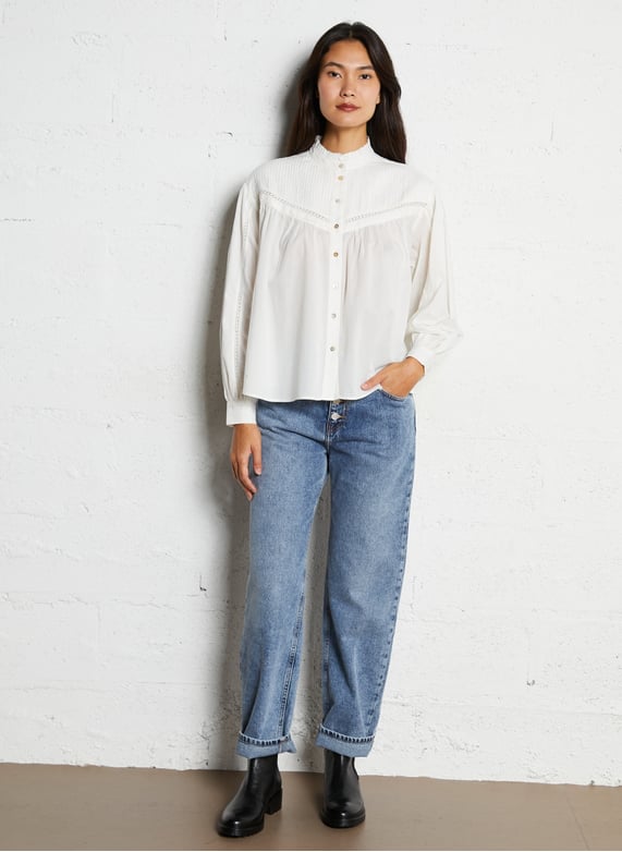 Hoge taille rechte jeans in gewassen denim - Look 7