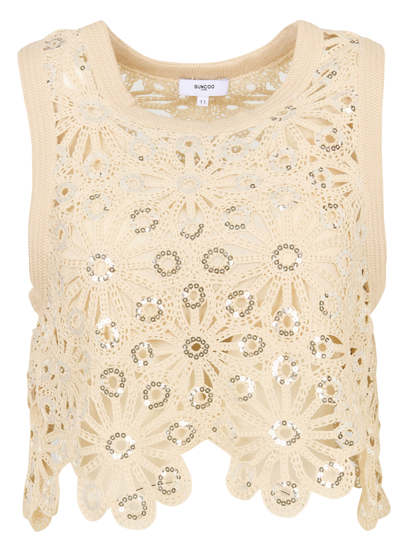 Rundhalsausschnitt-Top mit Häkeldetail SUNCOO Beige