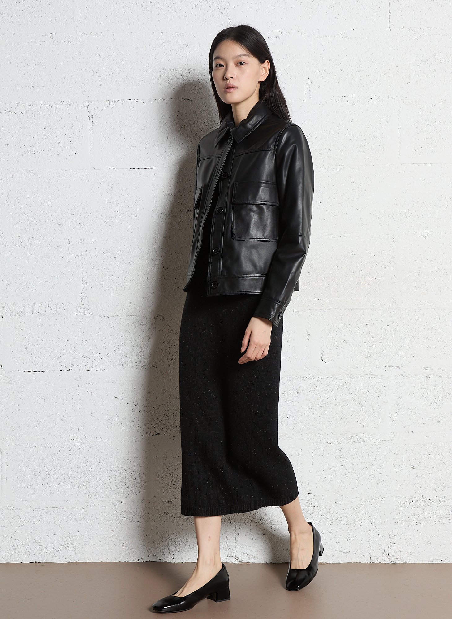 Veste droite boutonnée en cuir MAISON 123 Noir