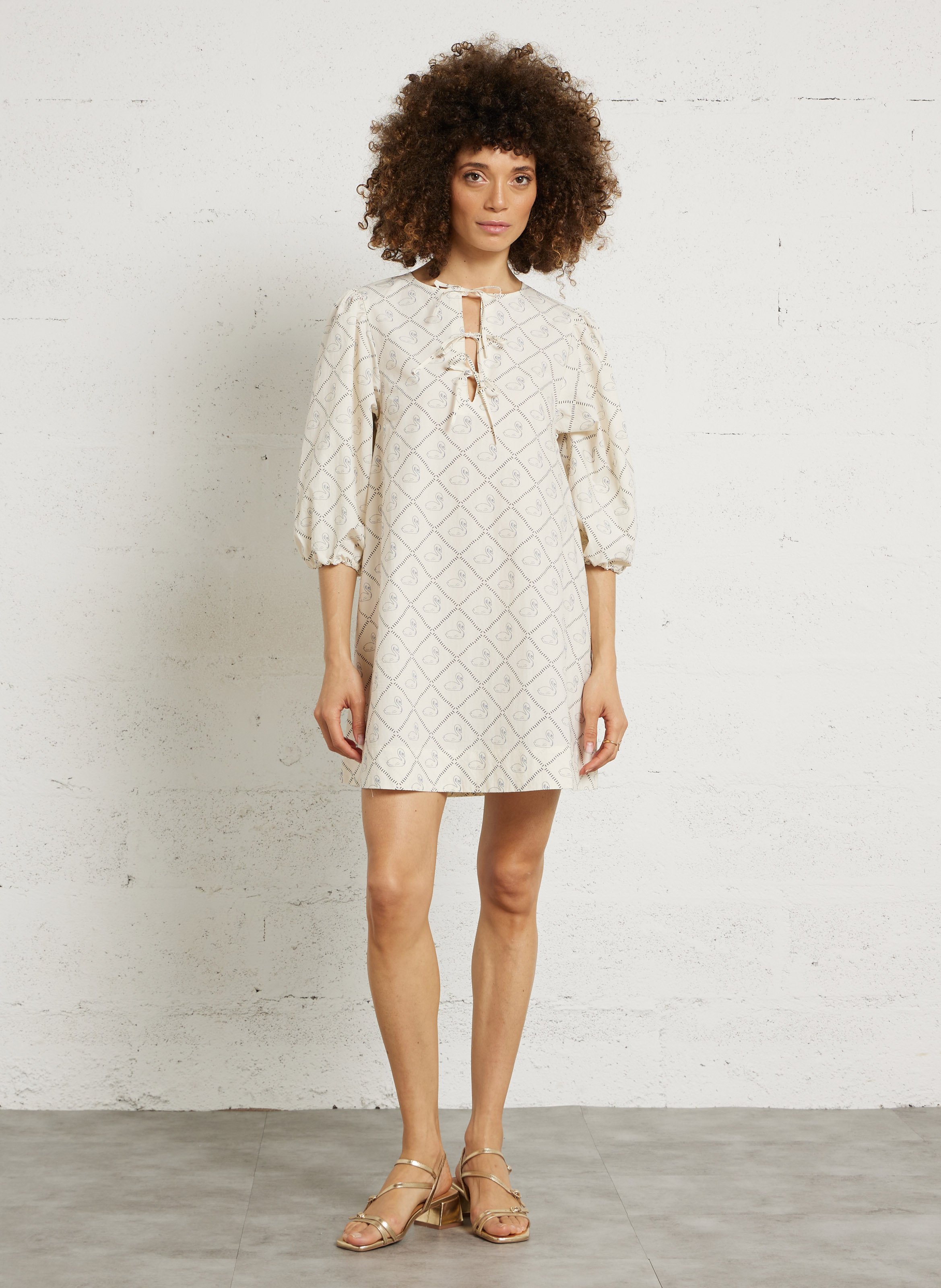 Short printed cotton V-neck dress THE TINY BIG SISTER Beige