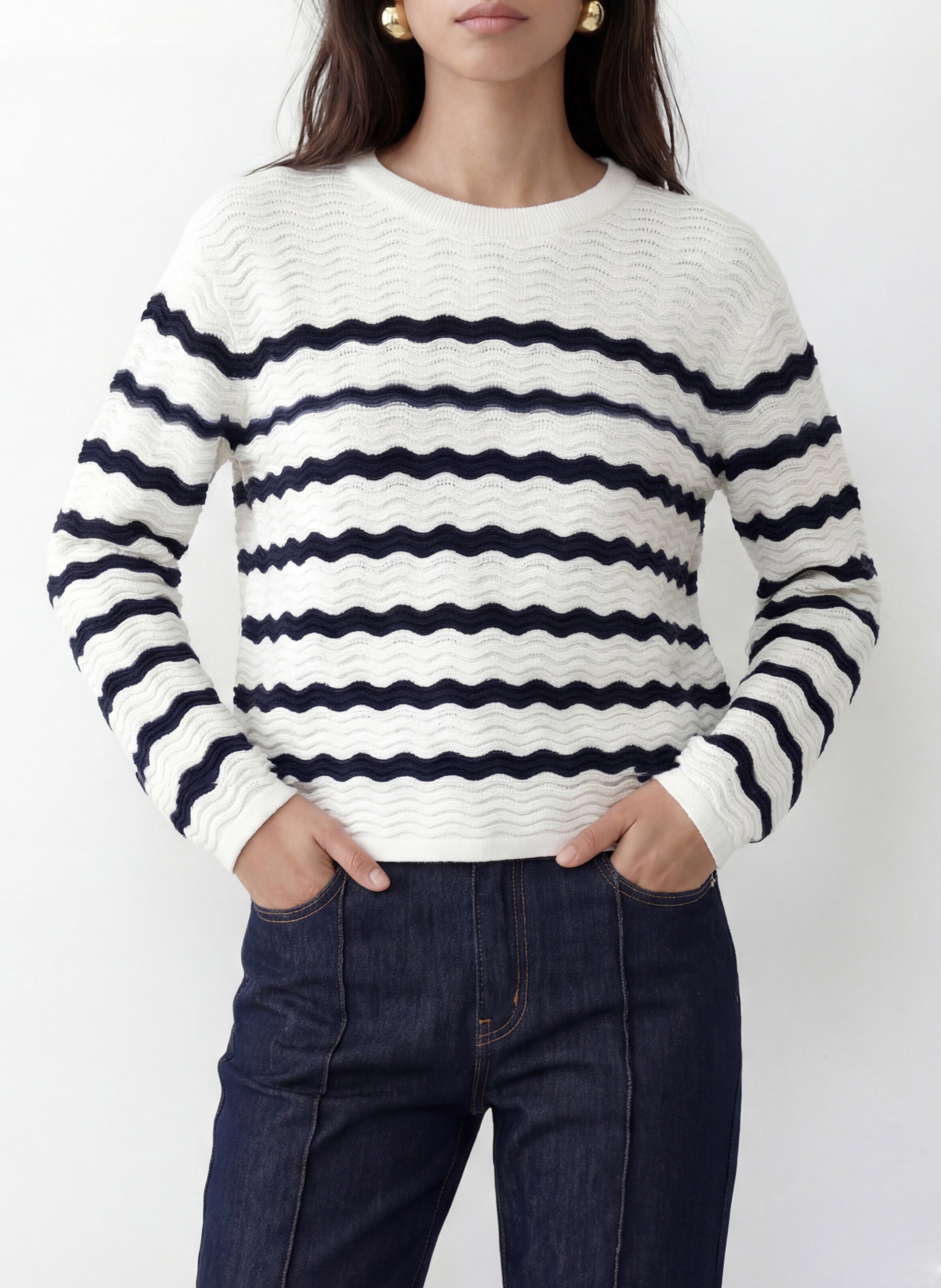 Figurbetonter Rundhalspullover mit Streifen KOOKAI Weiss