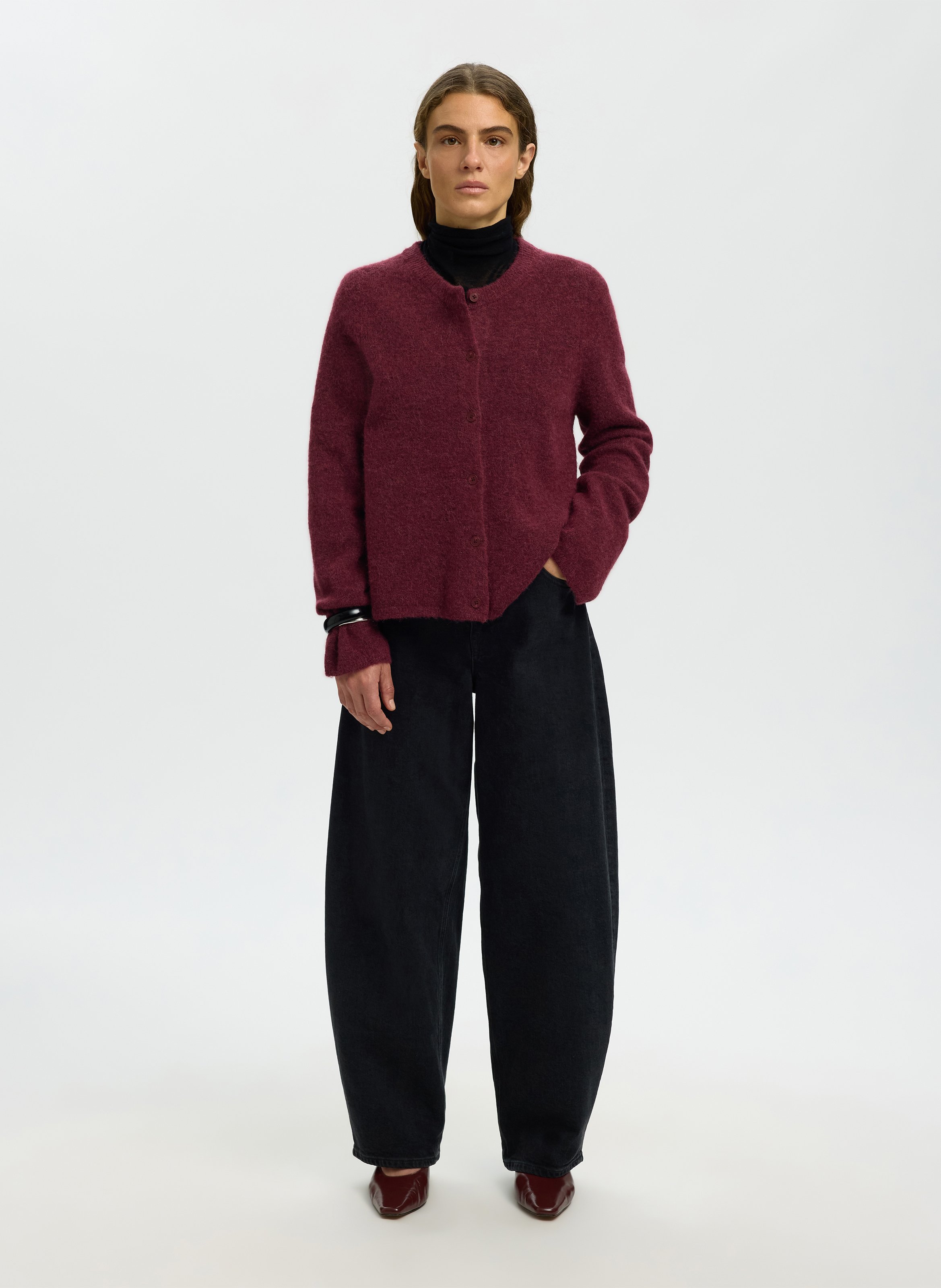 Round-neck mixed-knit cardigan | Plums SELECTED Women