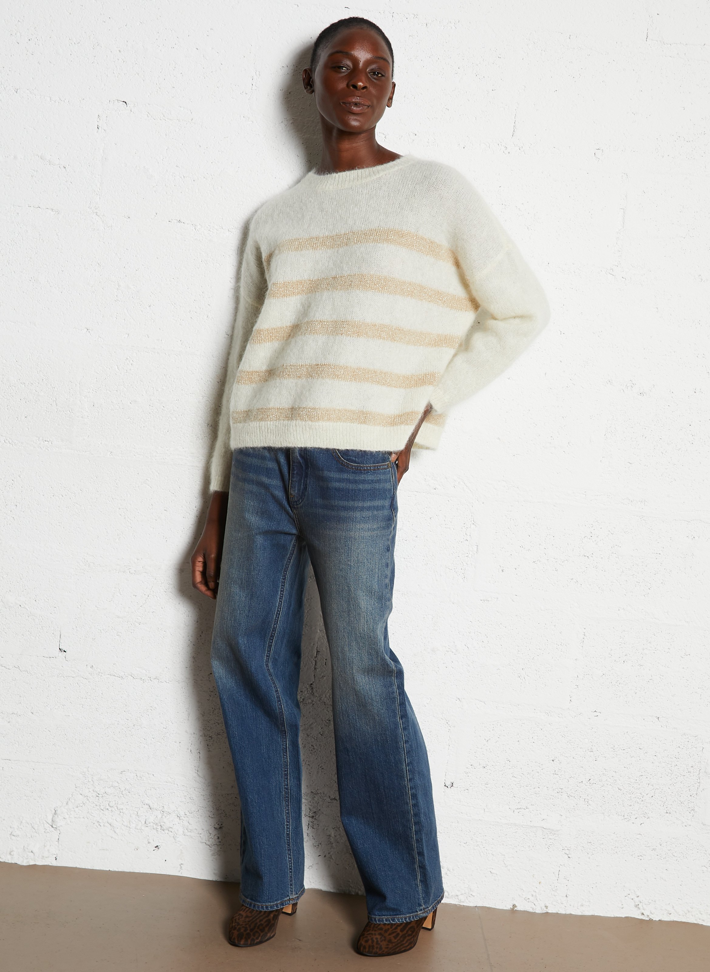 Pull ample rayé en laine mélangée DES PETITS HAUTS Beige