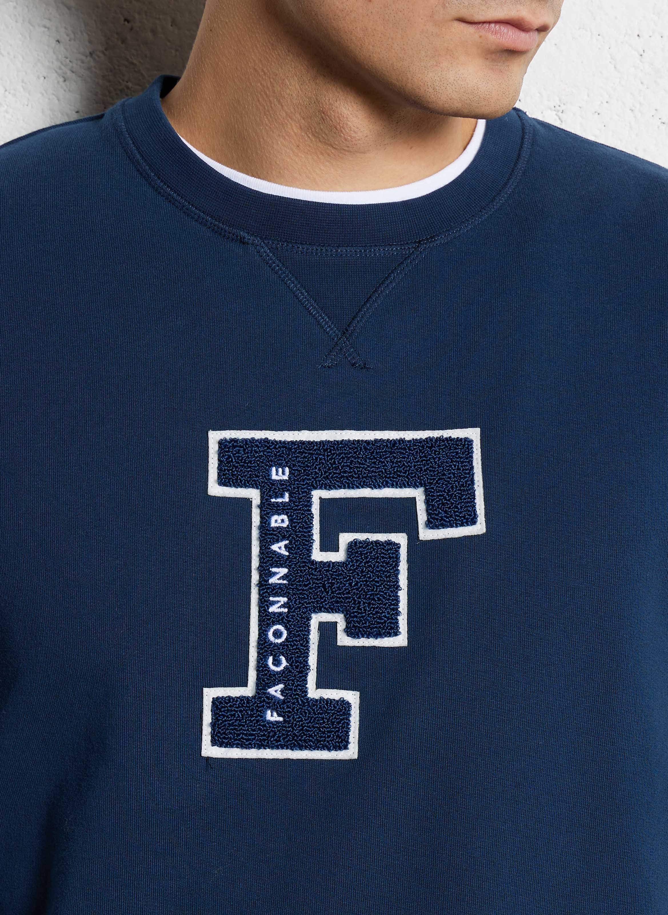 Straight round neck embroidered sweatshirt in mixed cotton FACONNABLE Blue