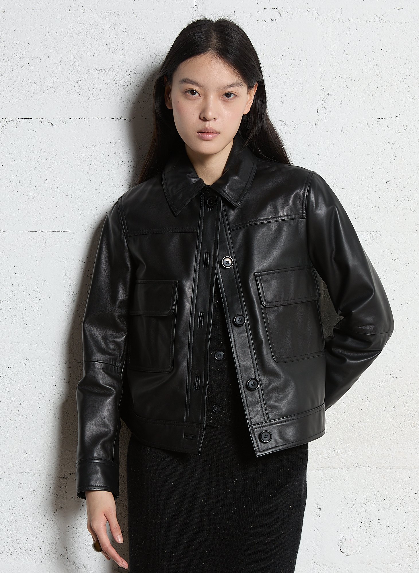 Veste droite boutonnée en cuir MAISON 123 Noir