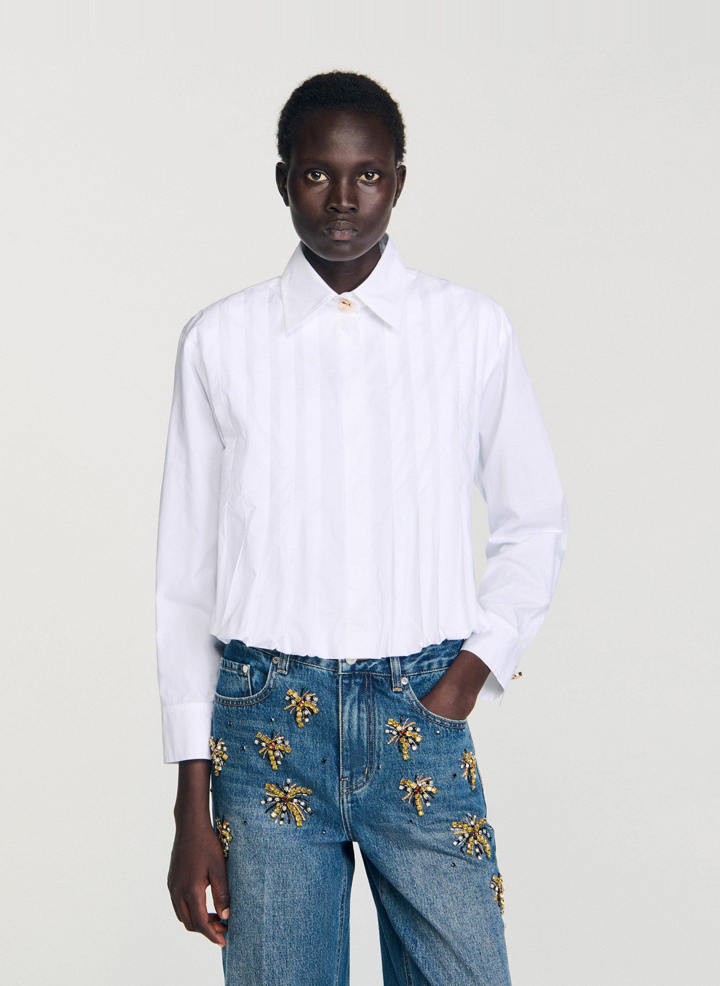 Chemise col classique manches contrastantes en coton SANDRO White