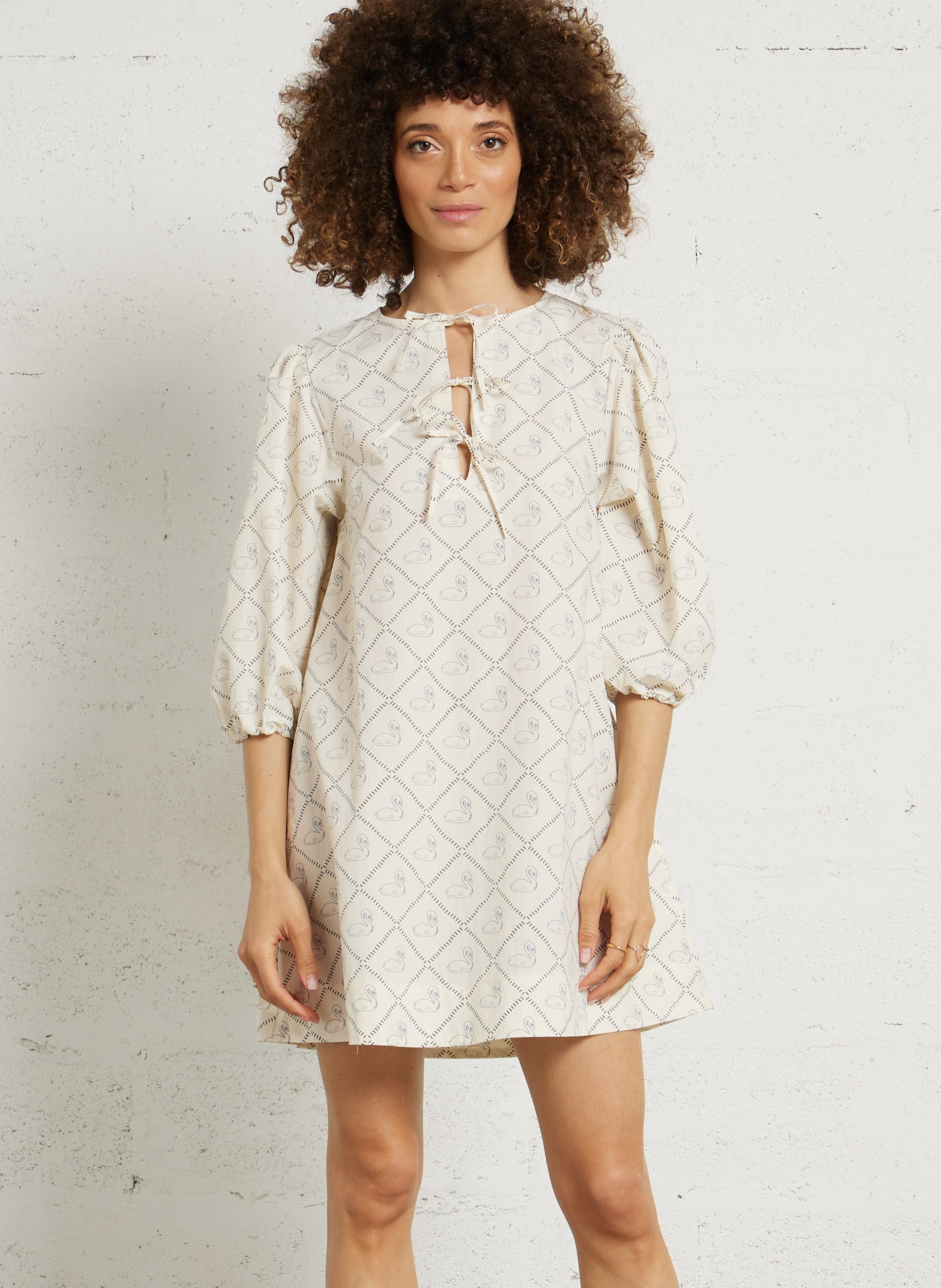 Short printed cotton V-neck dress THE TINY BIG SISTER Beige