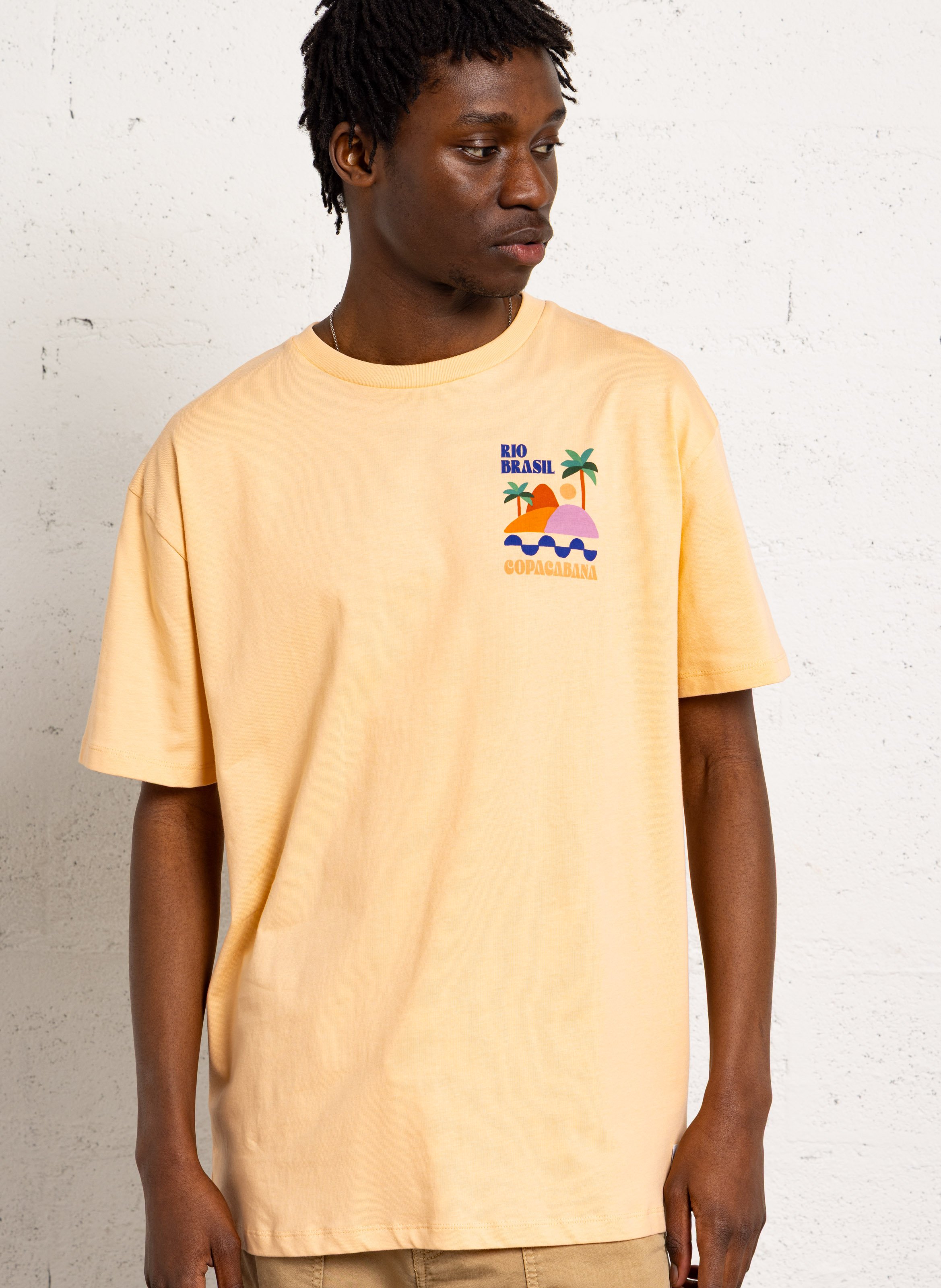 Tee-shirt droit col rond en coton sérigraphié LE TEMPS DES CERISES Jaune