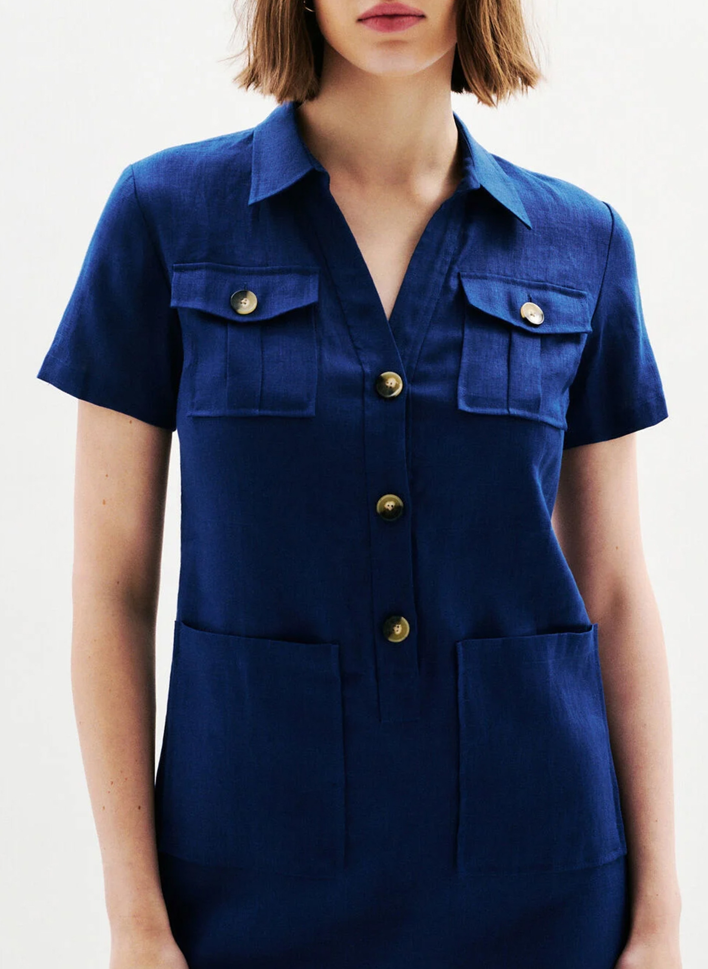 Robe courte droite boutonnée en lin CAROLL Bleu