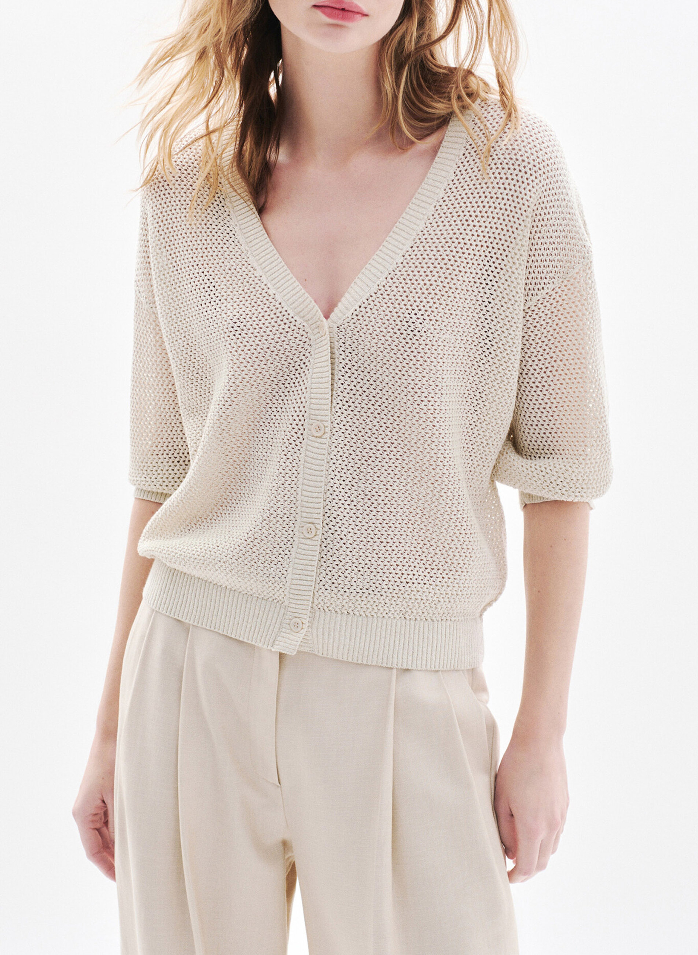 Cardigan boutonné en maille ajourée CAROLL Beige