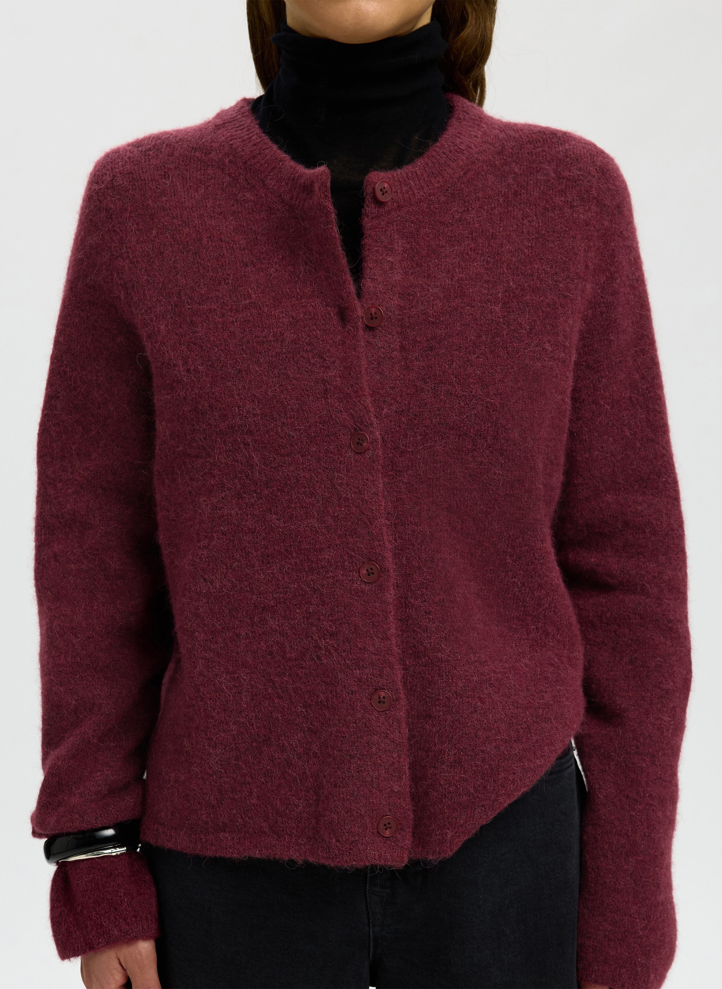Round-neck mixed-knit cardigan | Plums SELECTED Women