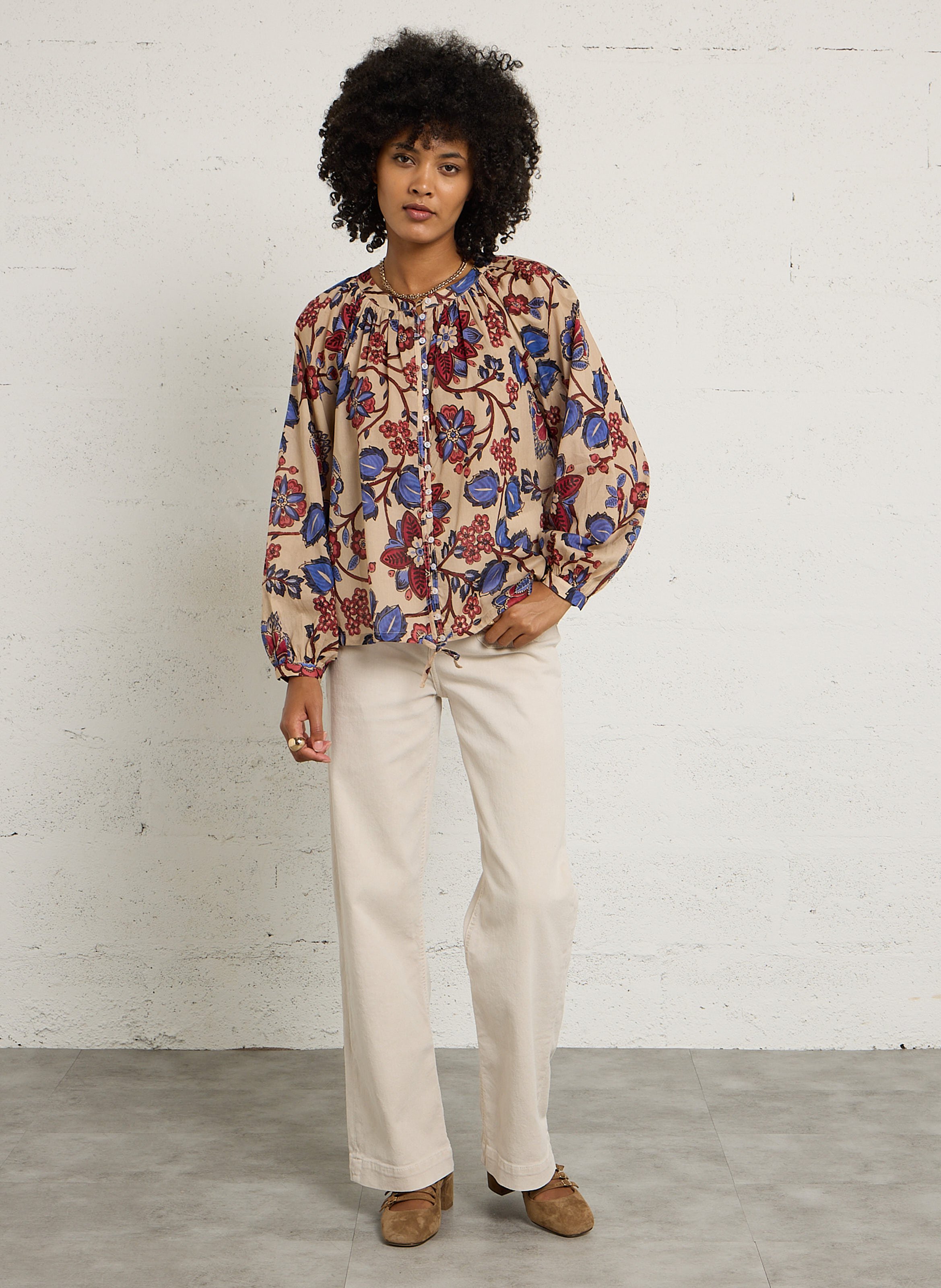 Chemise oversize col rond en coton imprimé SUD EXPRESS Rose