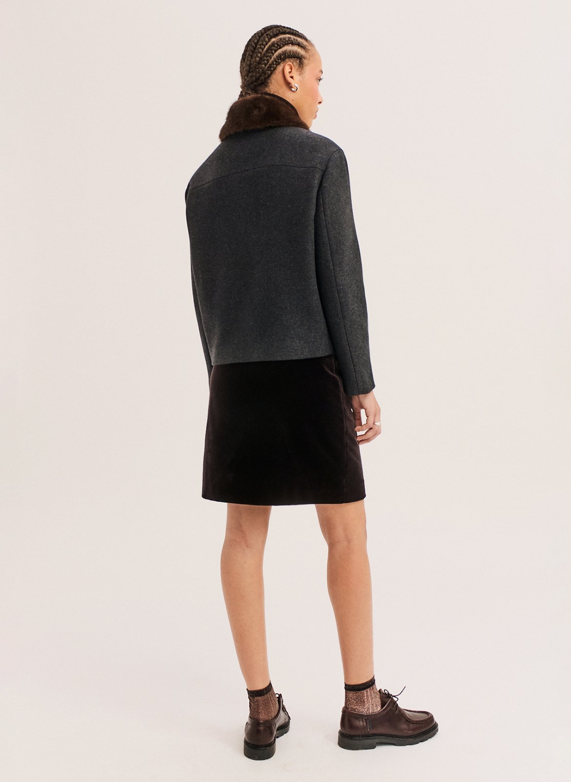 Manteau court col en fausse fourrure en laine mélangée PABLO Gris