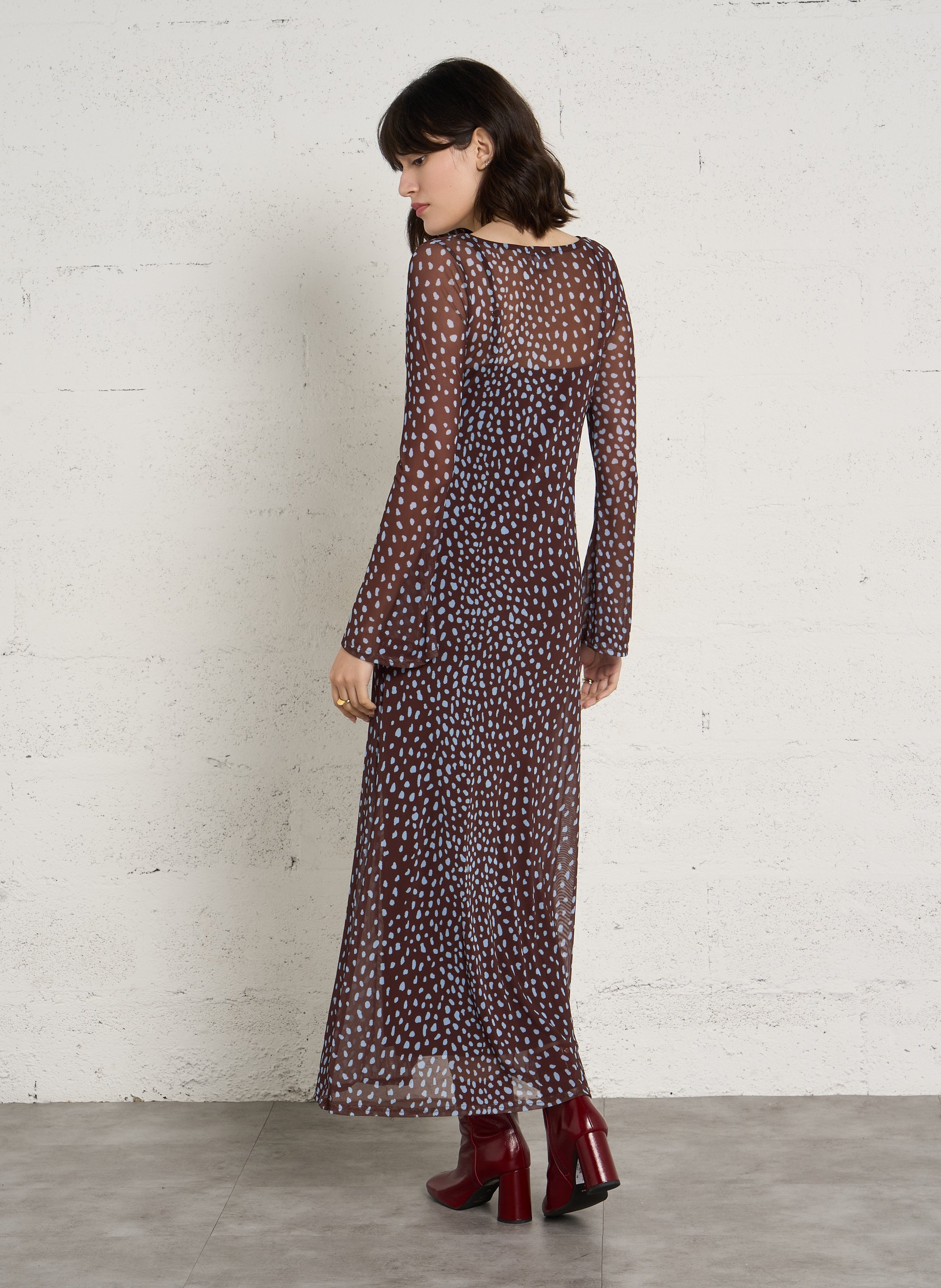Long printed round-neck dress NEVER FULLY DRESSED Brown