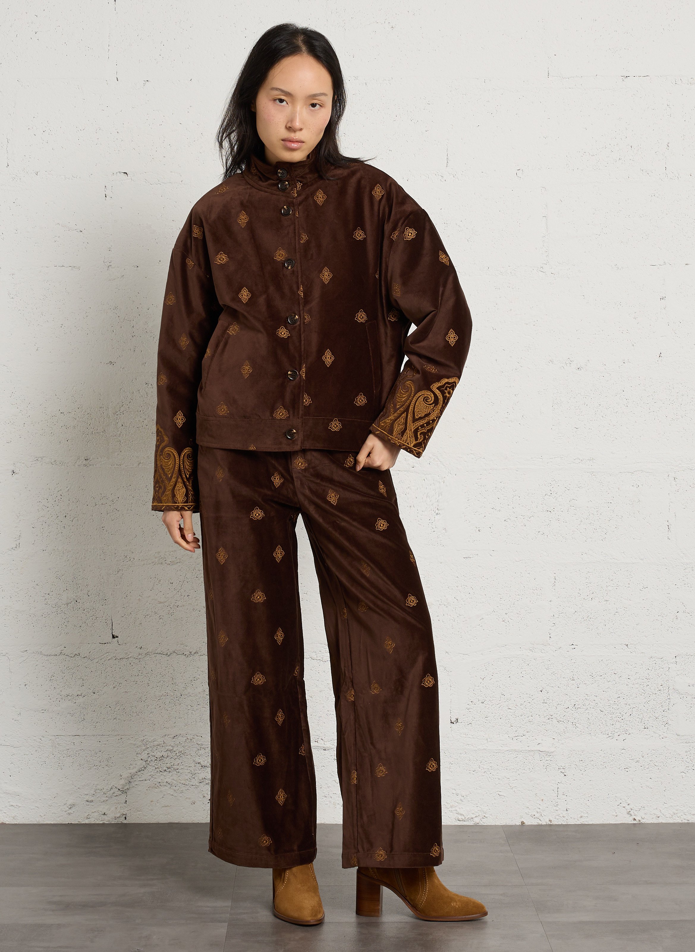 Pantalon droit velours brodé en coton LA PETITE ETOILE Marron