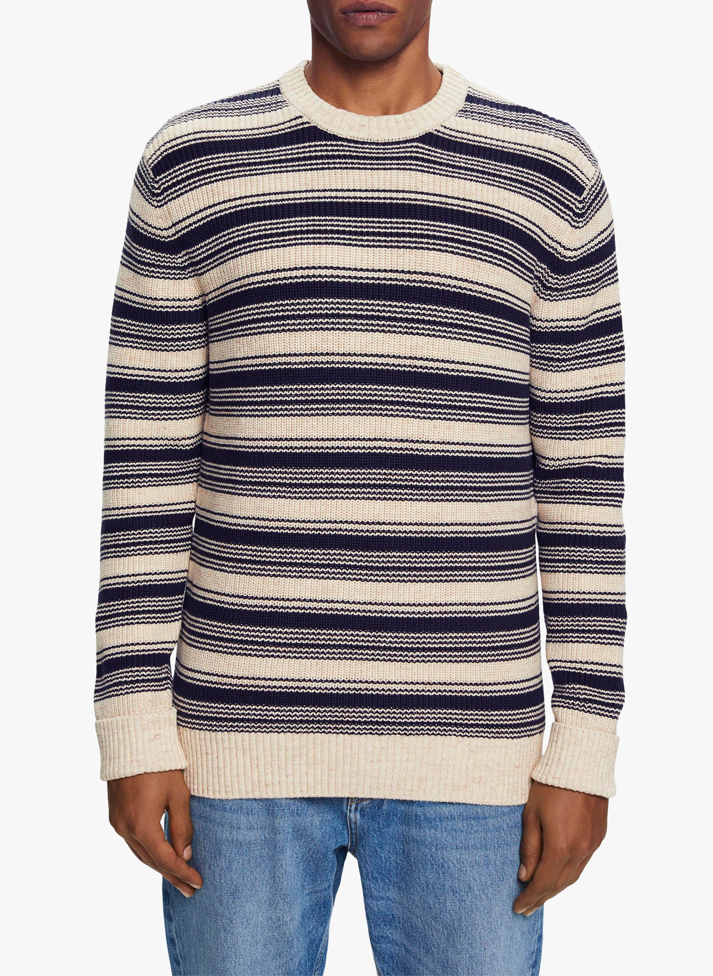 Pull col rond ray en coton Bleu