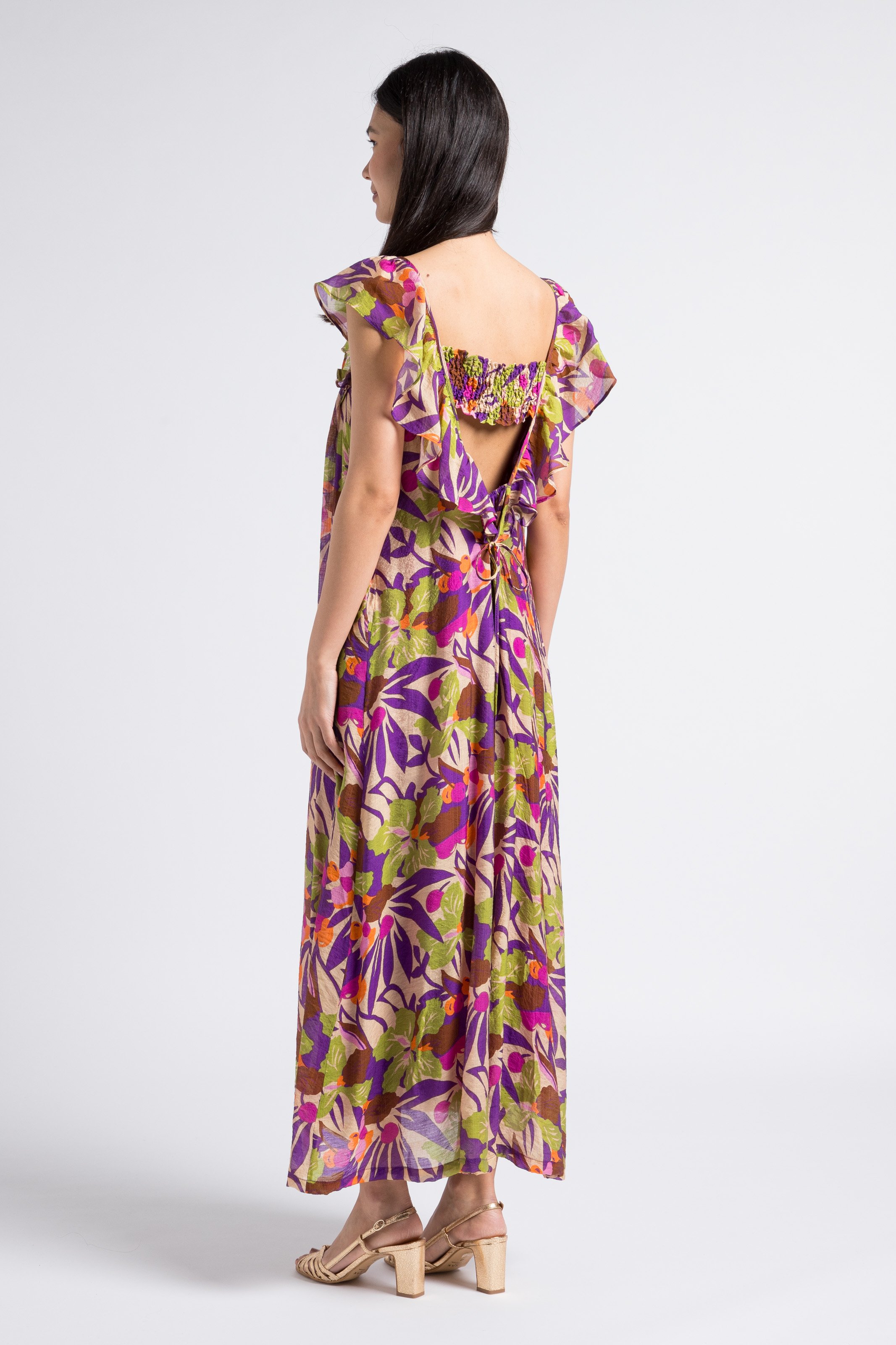 Robe longue col carre imprimee Violet