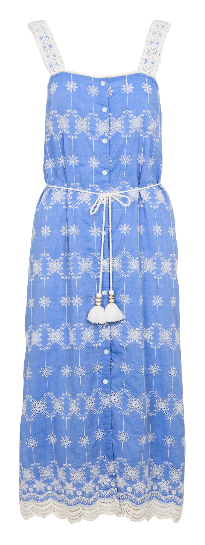 Square neck embroidered organic cotton midi dress Blue
