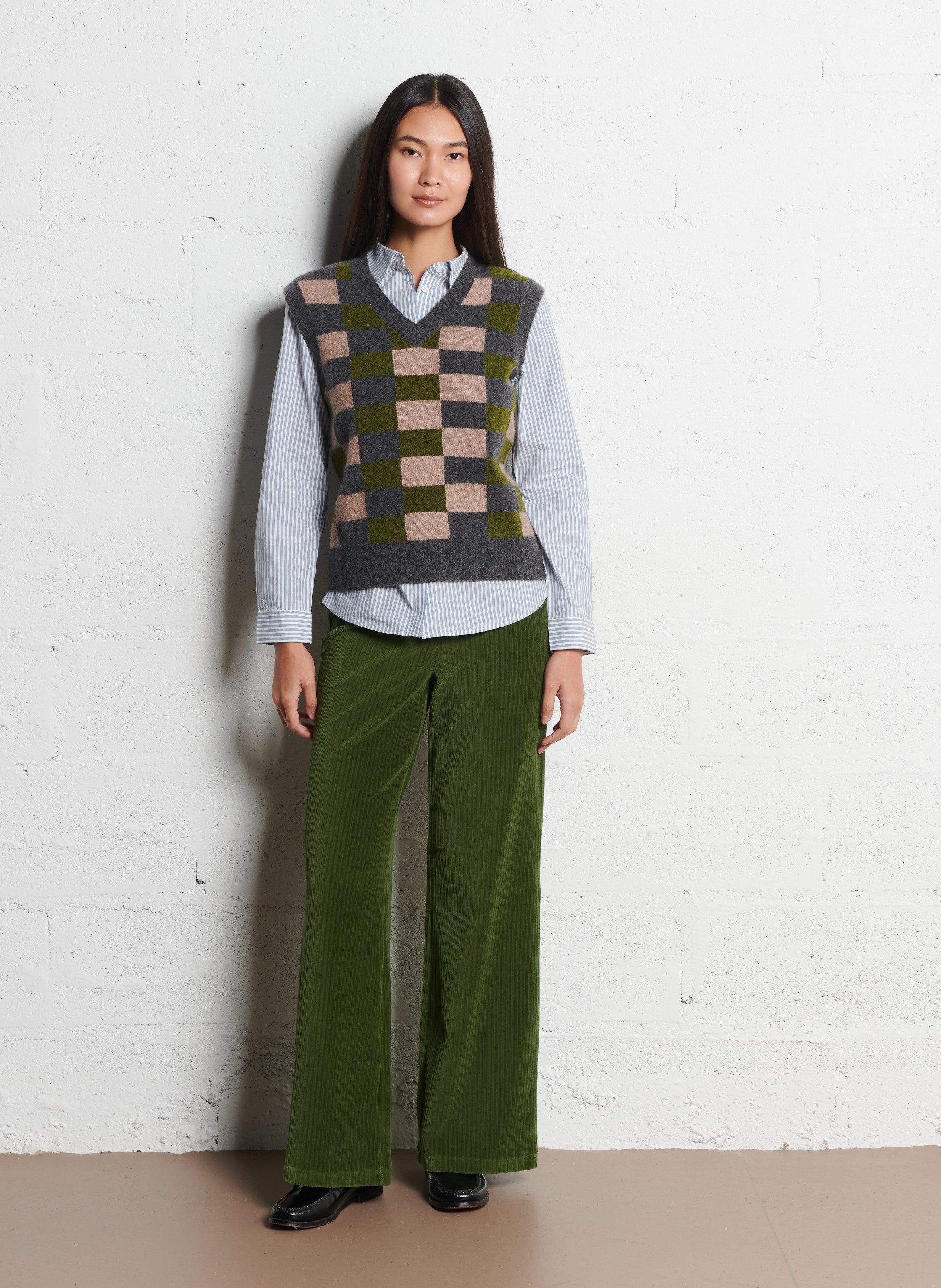 Pull sans manches col V à carreaux en laine mélangée NICE THINGS Gris