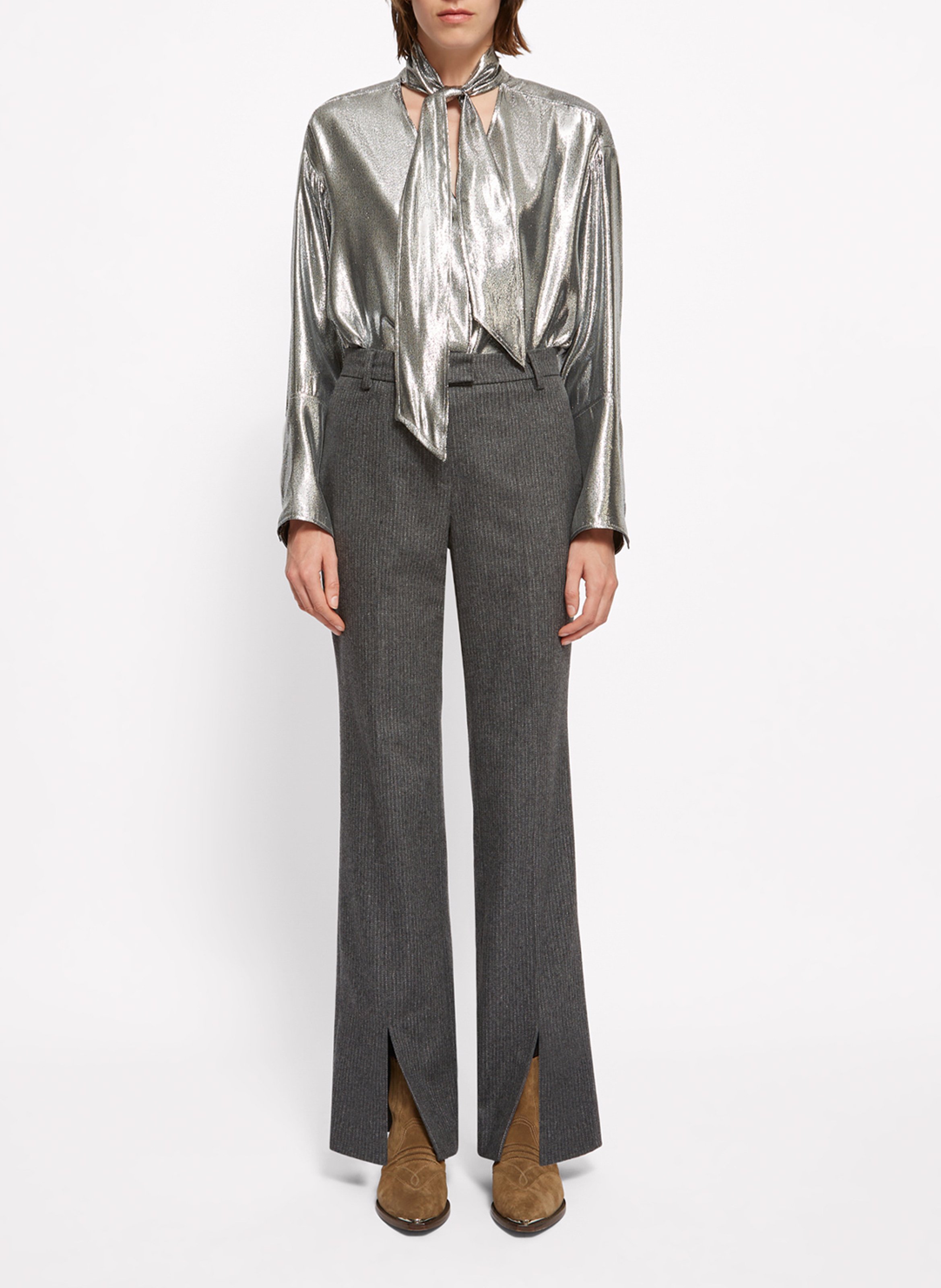 Pantalon droit en laine mélangée rayé ROSEANNA Gris