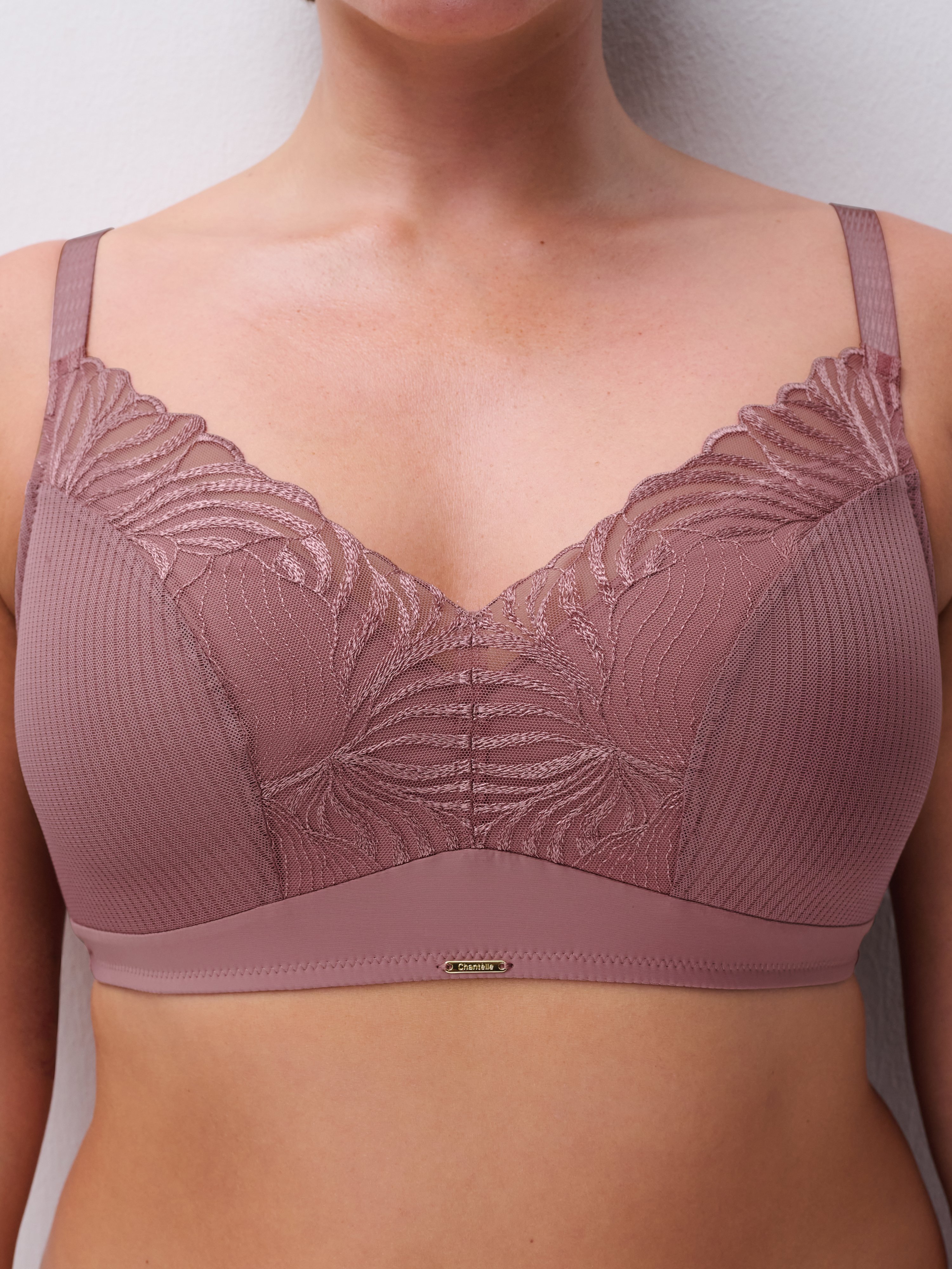 Non-wired padded bra with embroidery support Brown