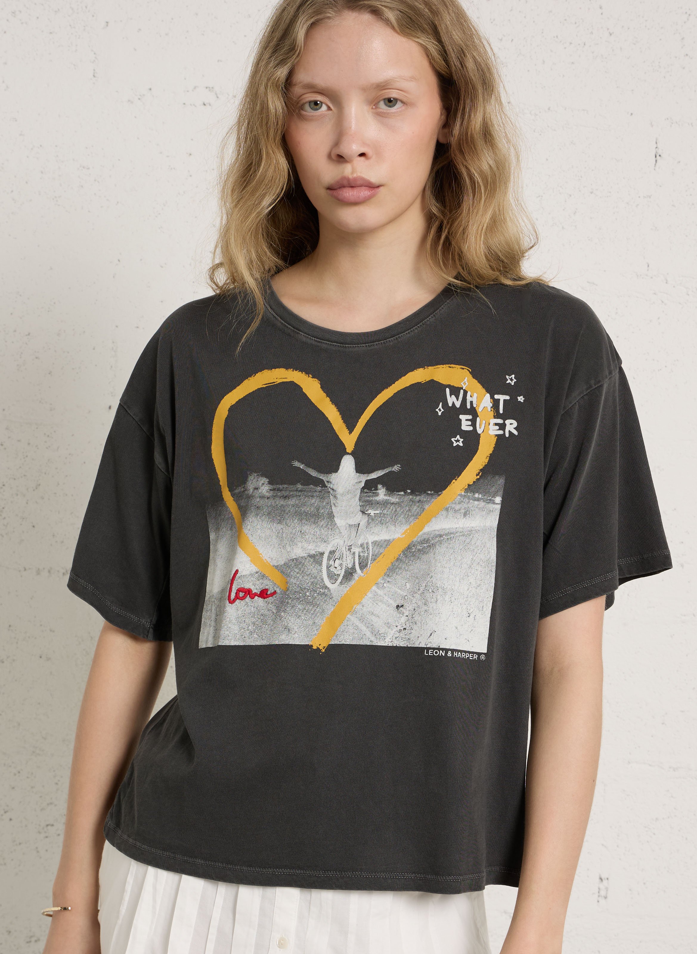 Tee-shirt droit col rond en coton bio sérigraphié LEON & HARPER Gris